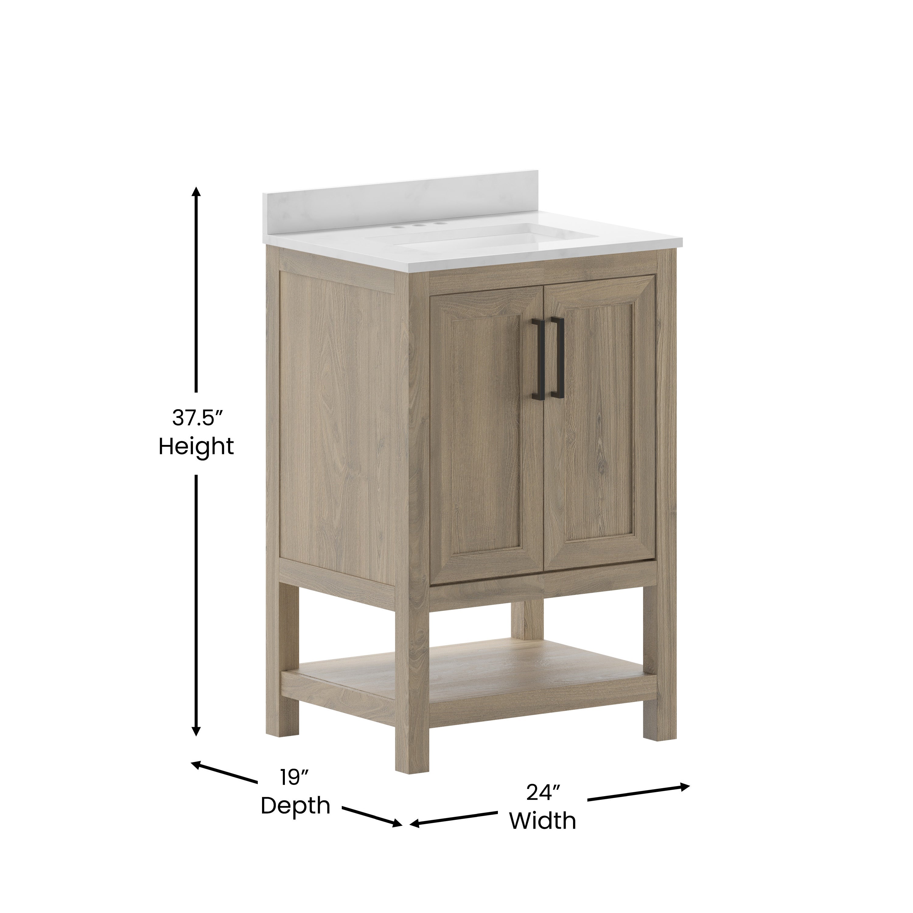 Vega 24 Inch Bathroom Vanity with Sink Combo, Storage Cabinet with Soft Close Doors and Open Shelf, Carrara Marble Finish Countertop, Brown/White