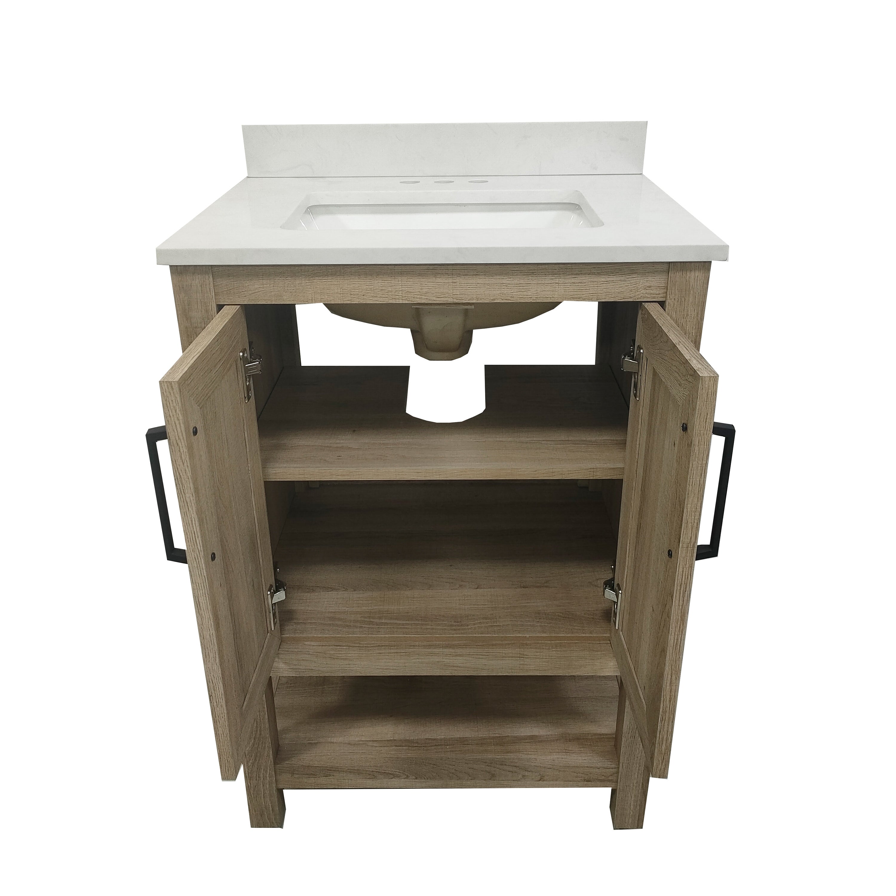 Vega 24 Inch Bathroom Vanity with Sink Combo, Storage Cabinet with Soft Close Doors and Open Shelf, Carrara Marble Finish Countertop, Brown/White