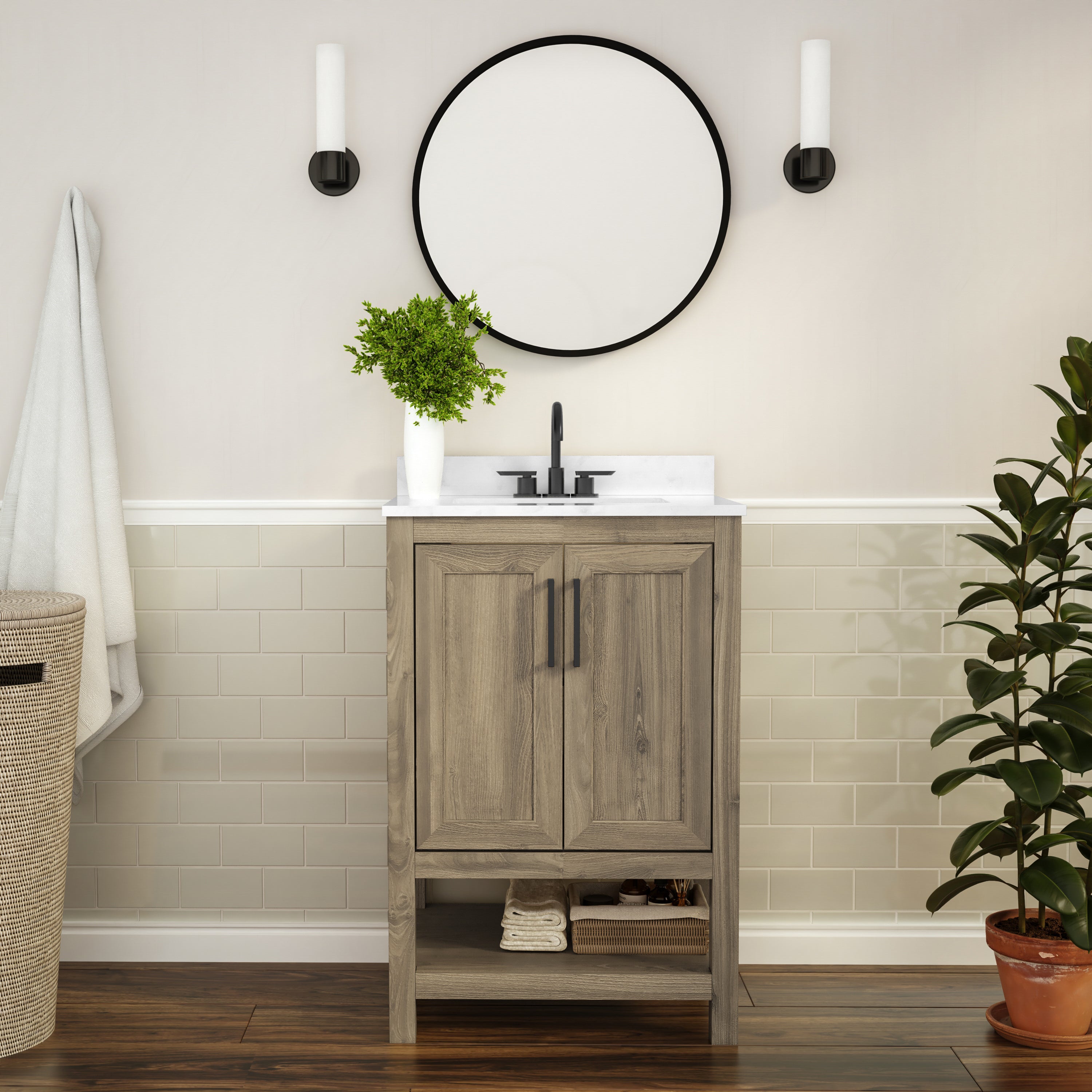 Vega 24 Inch Bathroom Vanity with Sink Combo, Storage Cabinet with Soft Close Doors and Open Shelf, Carrara Marble Finish Countertop, Brown/White