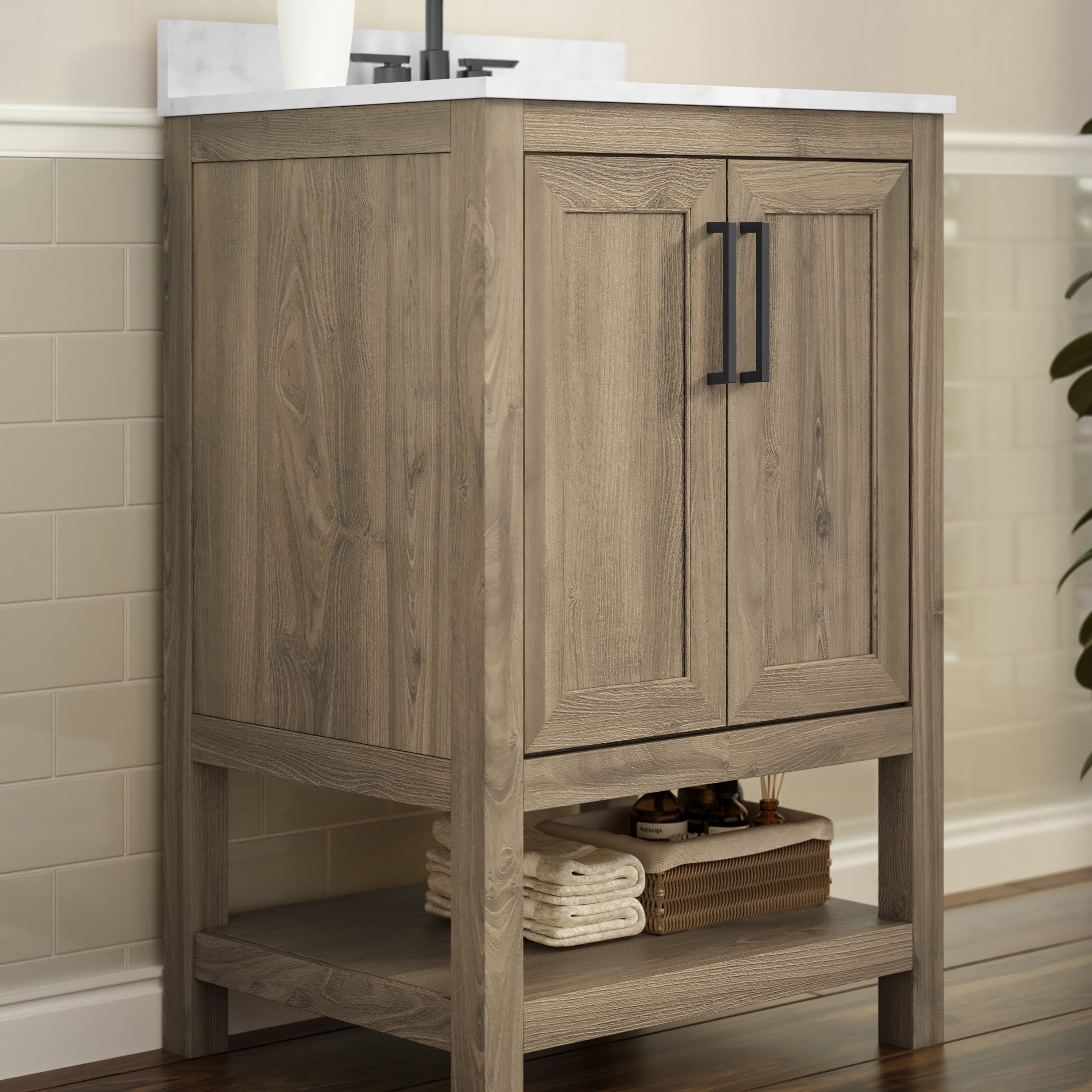 Vega 24 Inch Bathroom Vanity with Sink Combo, Storage Cabinet with Soft Close Doors and Open Shelf, Carrara Marble Finish Countertop, Brown/White