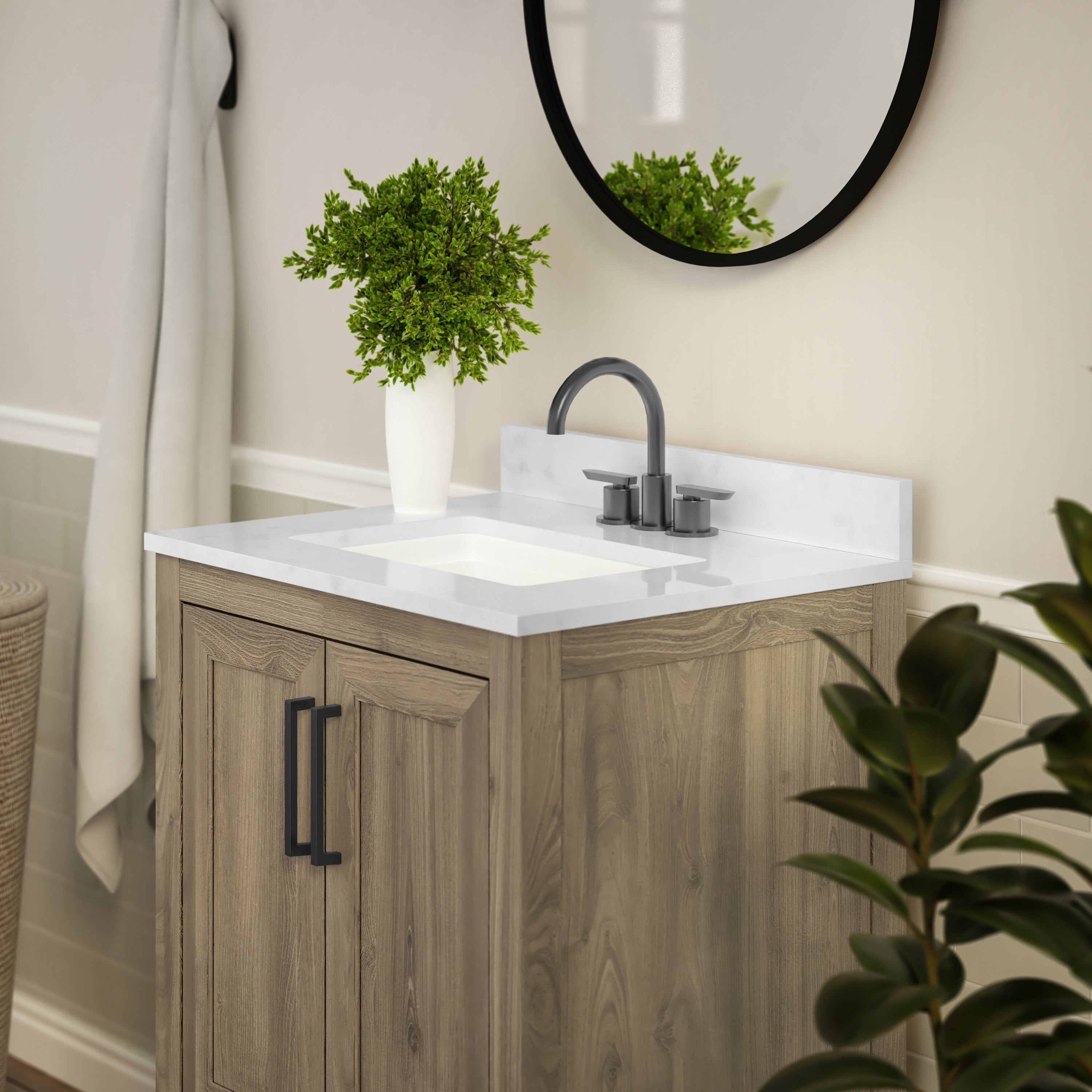 Vega 24 Inch Bathroom Vanity with Sink Combo, Storage Cabinet with Soft Close Doors and Open Shelf, Carrara Marble Finish Countertop, Brown/White