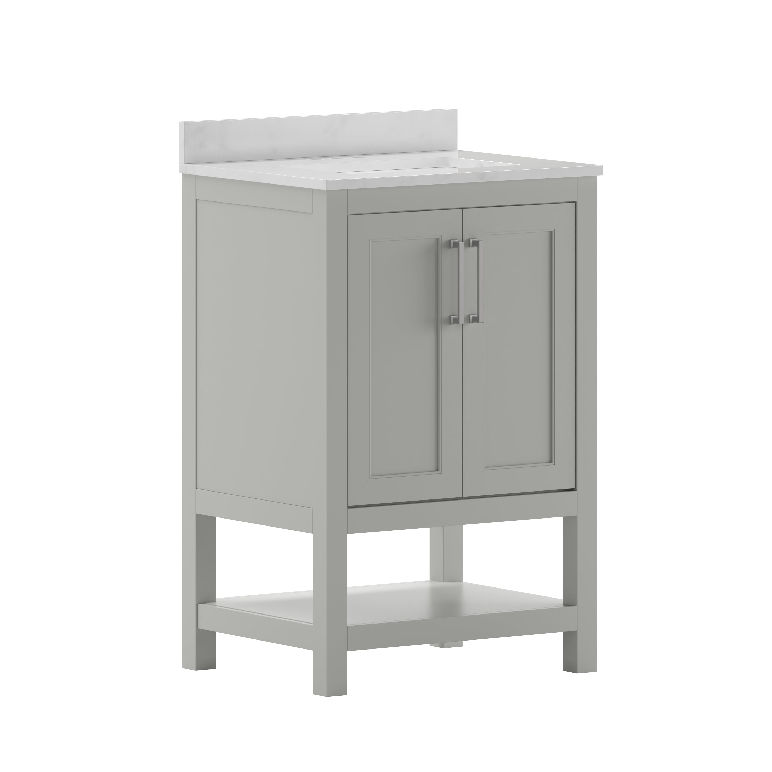 Vega 24 Inch Bathroom Vanity with Sink Combo, Storage Cabinet with Soft Close Doors and Open Shelf, Carrara Marble Finish Countertop, Gray/White