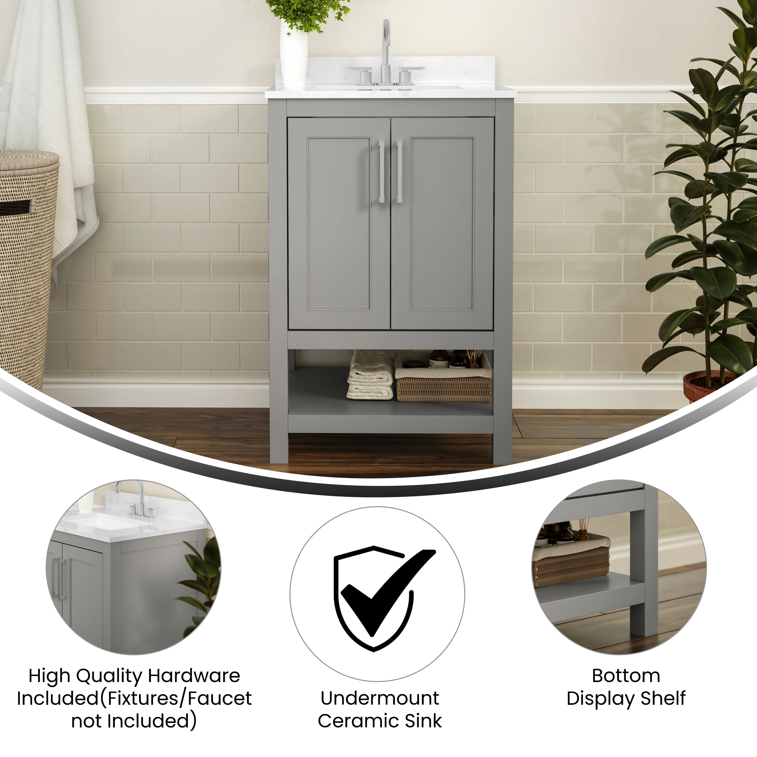 Vega 24 Inch Bathroom Vanity with Sink Combo, Storage Cabinet with Soft Close Doors and Open Shelf, Carrara Marble Finish Countertop, Gray/White