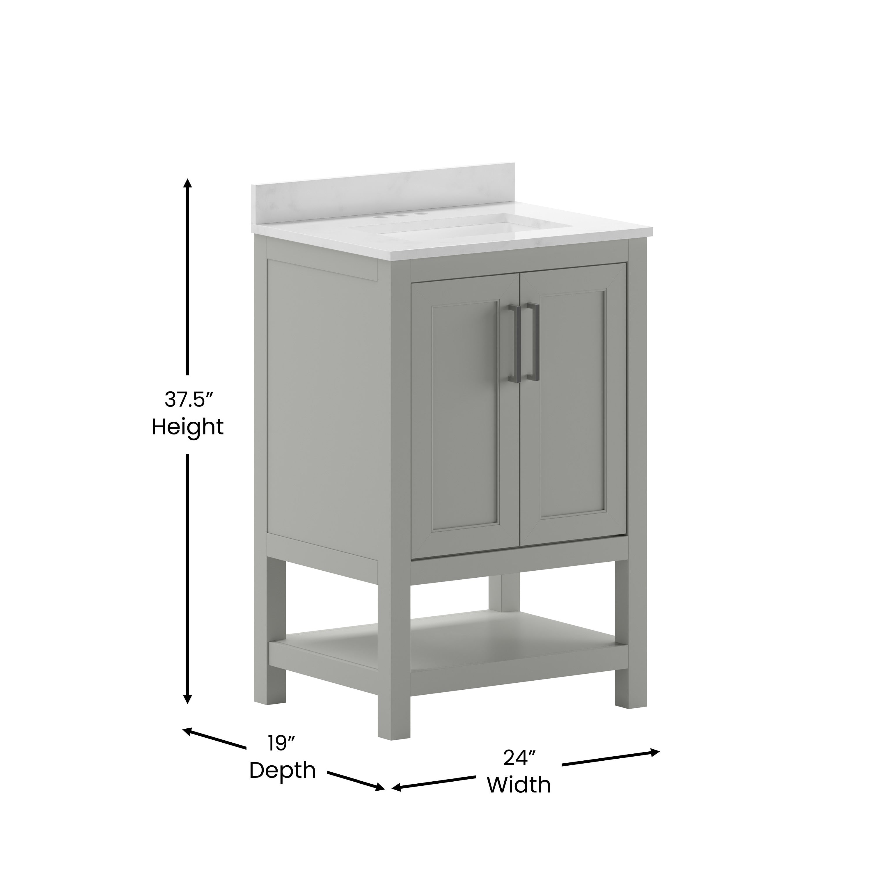 Vega 24 Inch Bathroom Vanity with Sink Combo, Storage Cabinet with Soft Close Doors and Open Shelf, Carrara Marble Finish Countertop, Gray/White
