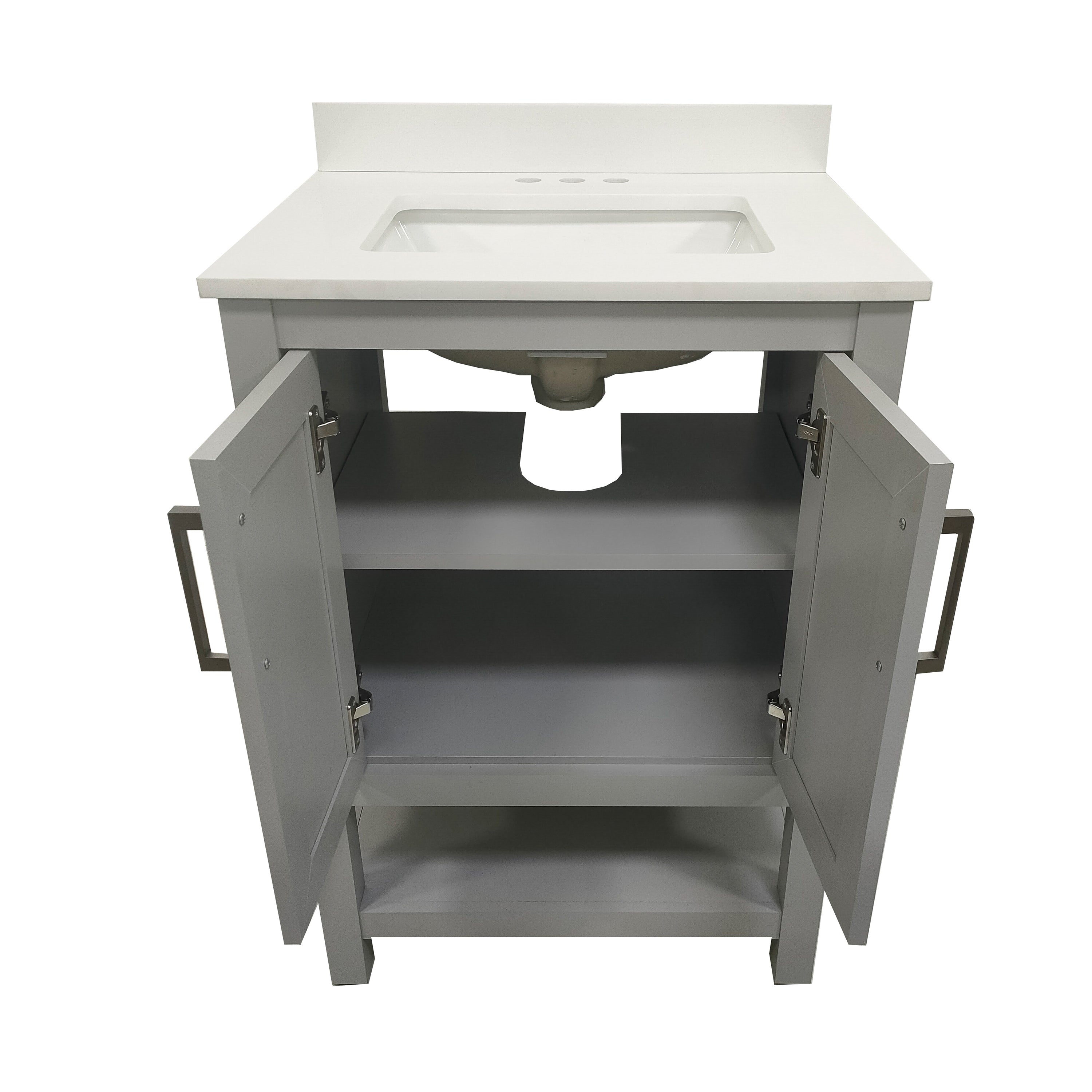 Vega 24 Inch Bathroom Vanity with Sink Combo, Storage Cabinet with Soft Close Doors and Open Shelf, Carrara Marble Finish Countertop, Gray/White