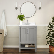 Vega 24 Inch Bathroom Vanity with Sink Combo, Storage Cabinet with Soft Close Doors and Open Shelf, Carrara Marble Finish Countertop, Gray/White