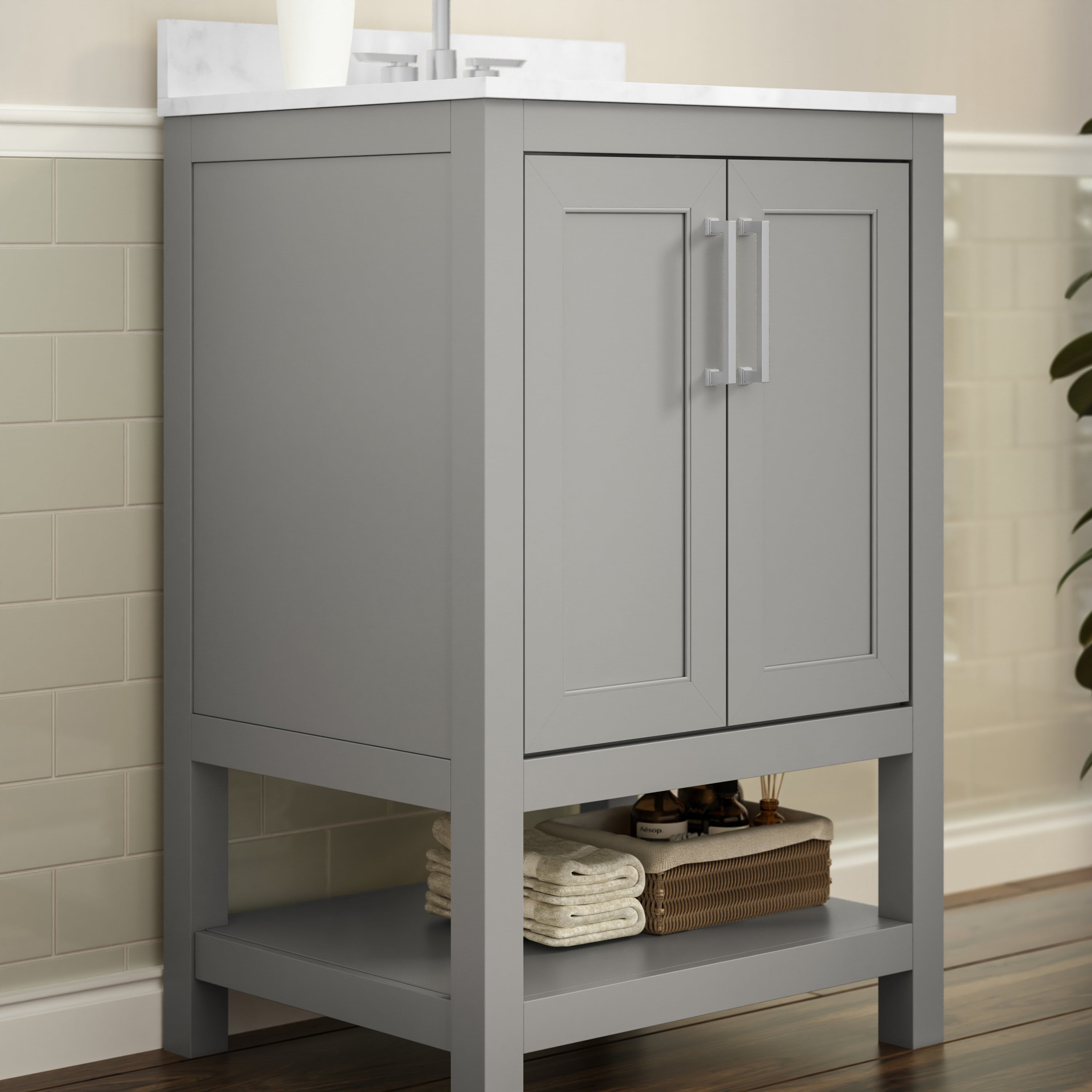 Vega 24 Inch Bathroom Vanity with Sink Combo, Storage Cabinet with Soft Close Doors and Open Shelf, Carrara Marble Finish Countertop, Gray/White
