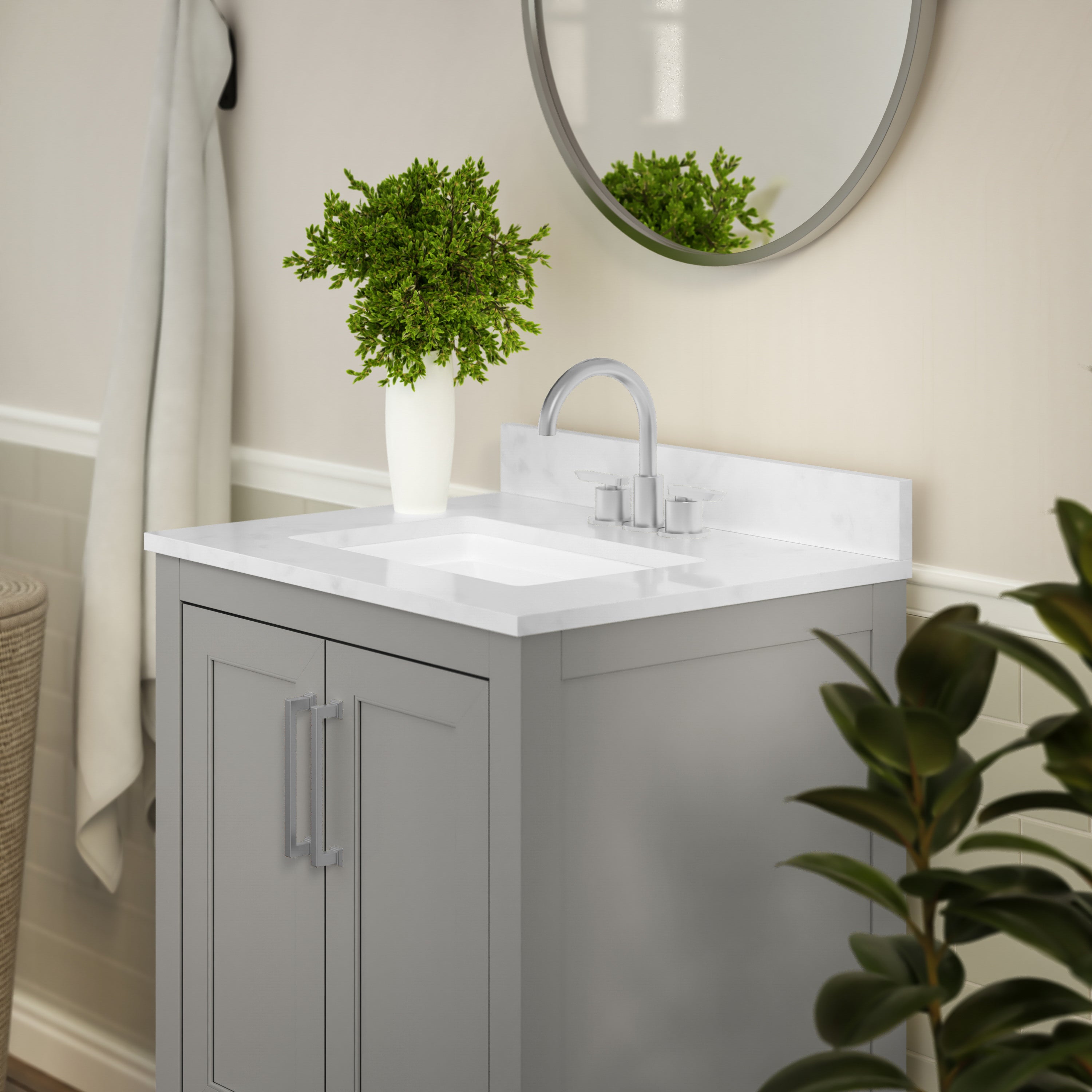 Vega 24 Inch Bathroom Vanity with Sink Combo, Storage Cabinet with Soft Close Doors and Open Shelf, Carrara Marble Finish Countertop, Gray/White