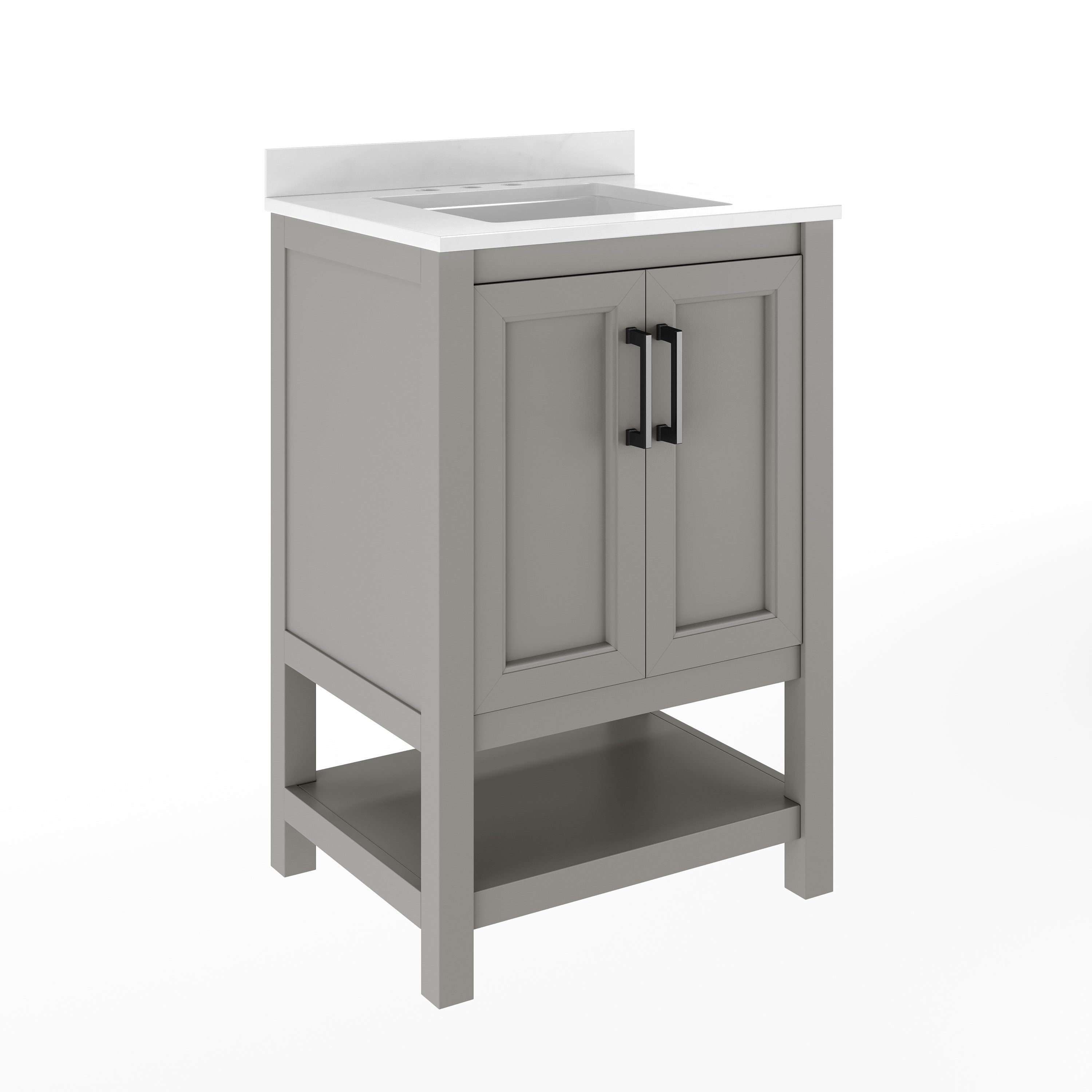 Vega 24" Bathroom Vanity with Sink, Storage Cabinet with Soft Close Doors & Open Shelf, Carrara Marble Finish Counter & Black Hardware, Gray/White