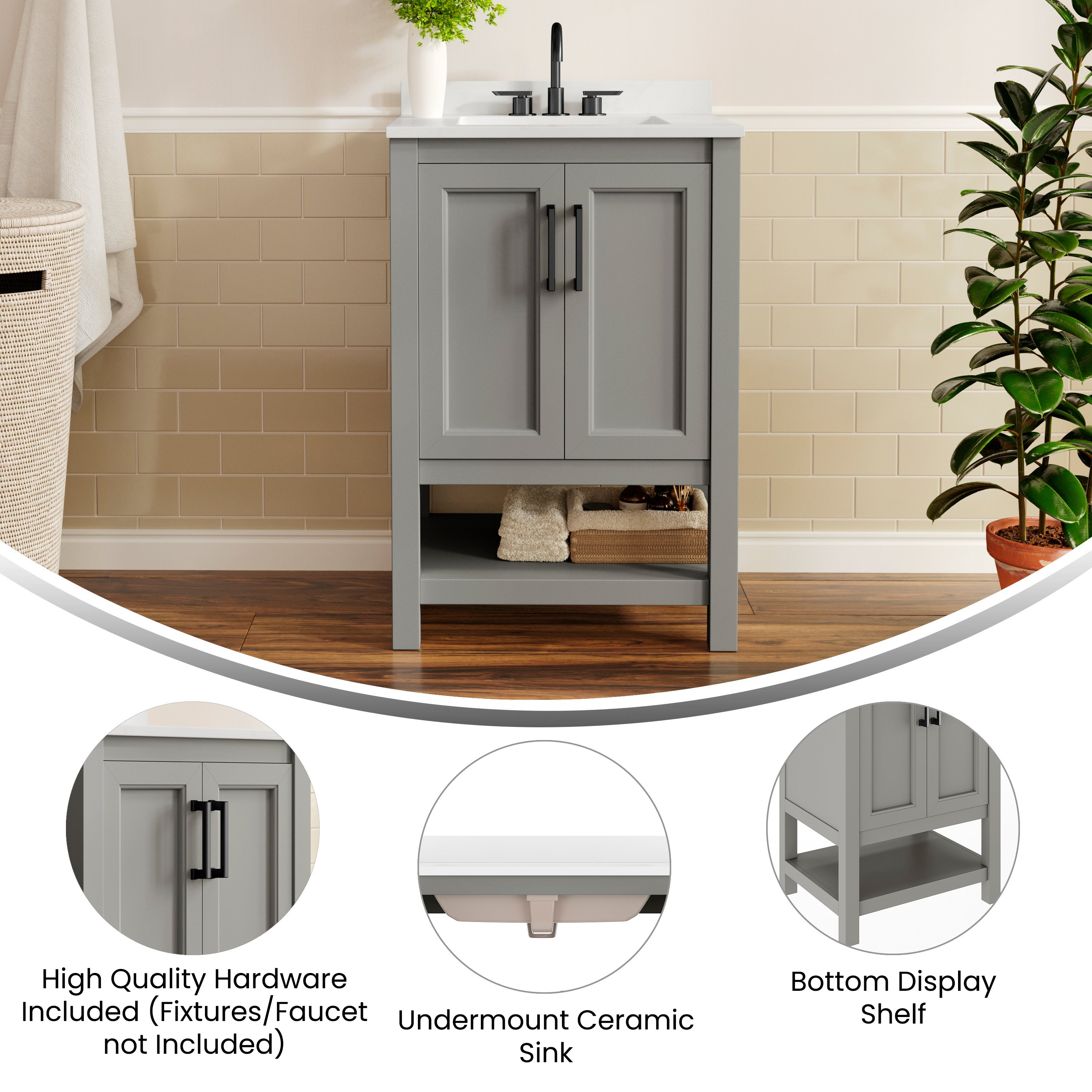 Vega 24" Bathroom Vanity with Sink, Storage Cabinet with Soft Close Doors & Open Shelf, Carrara Marble Finish Counter & Black Hardware, Gray/White