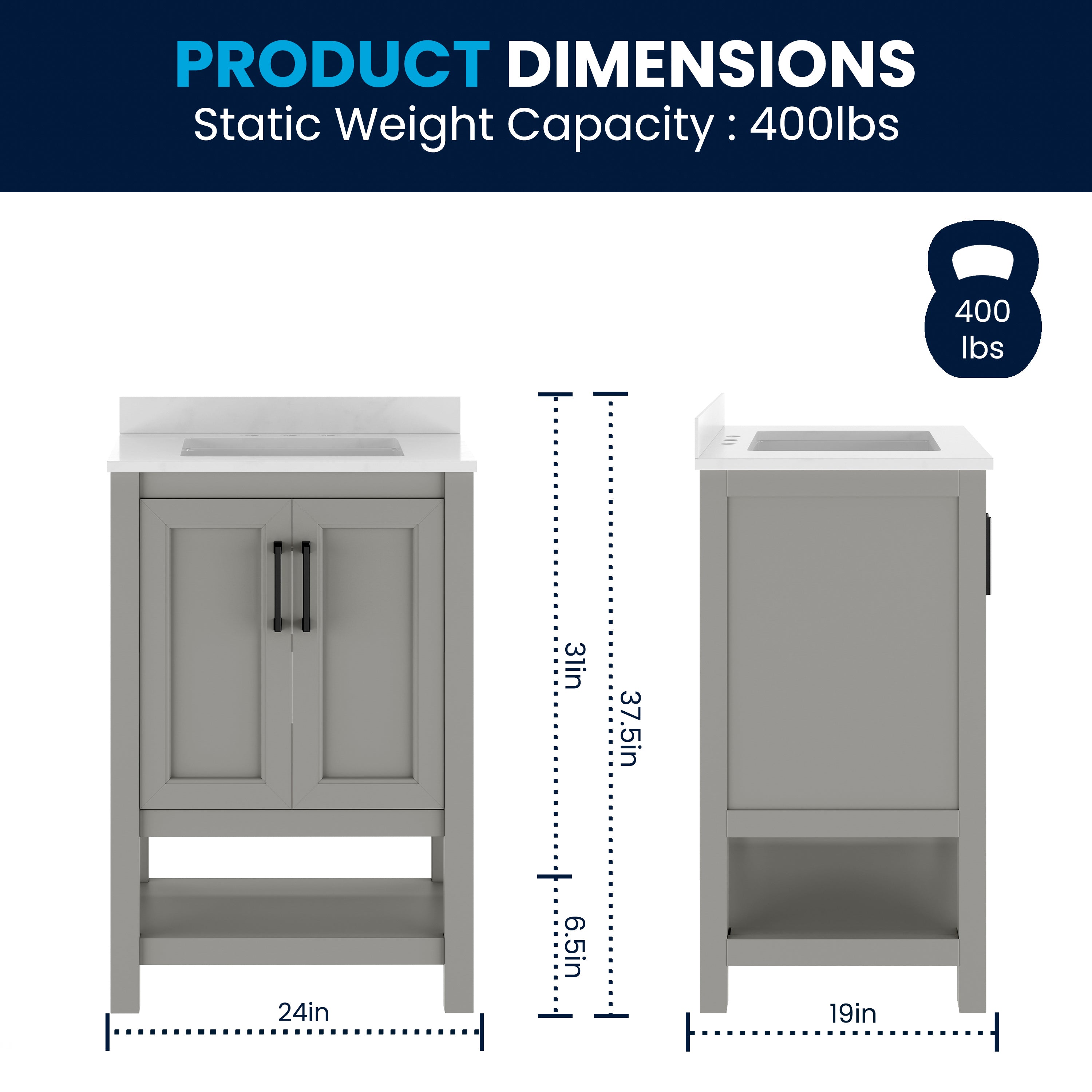 Vega 24" Bathroom Vanity with Sink, Storage Cabinet with Soft Close Doors & Open Shelf, Carrara Marble Finish Counter & Black Hardware, Gray/White