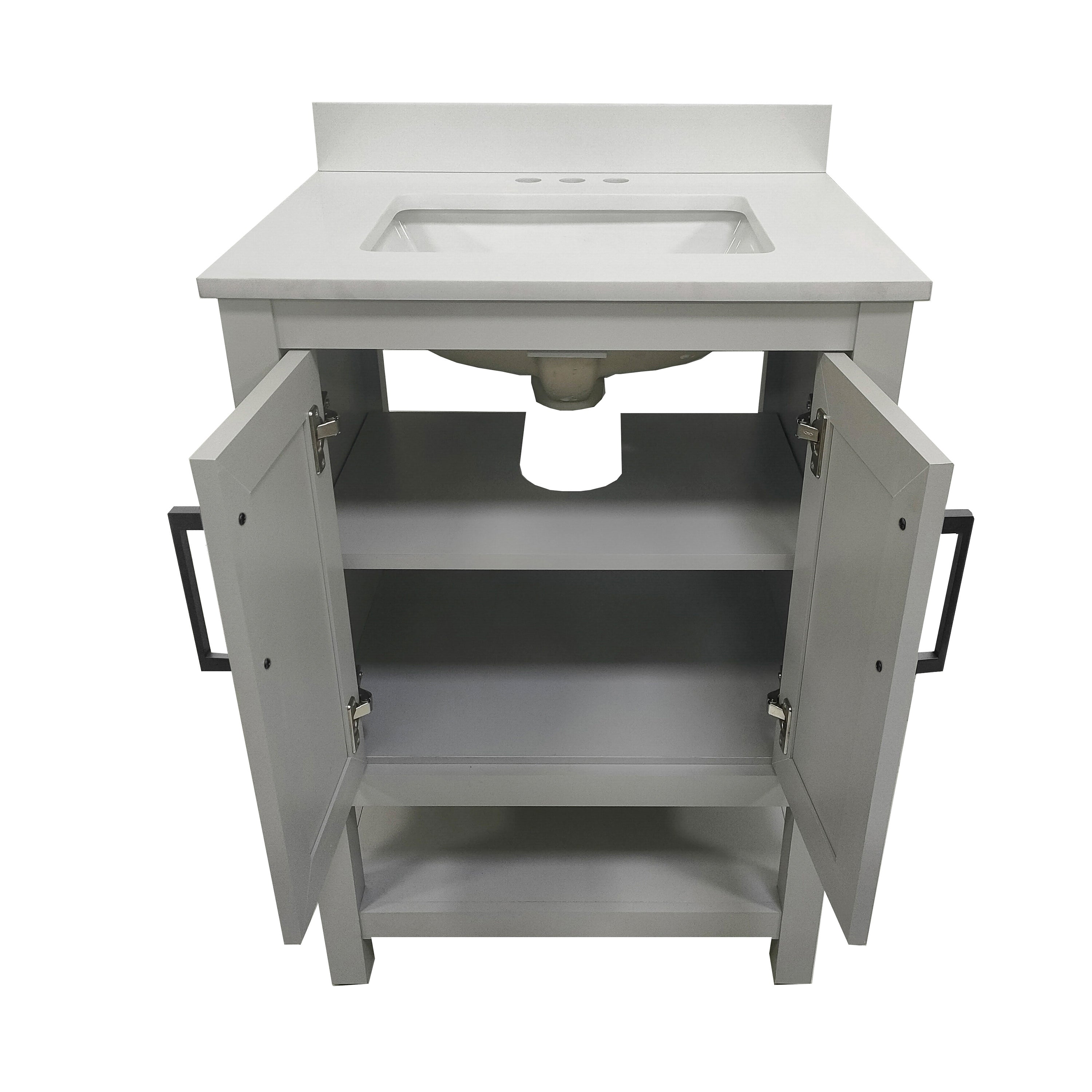 Vega 24" Bathroom Vanity with Sink, Storage Cabinet with Soft Close Doors & Open Shelf, Carrara Marble Finish Counter & Black Hardware, Gray/White