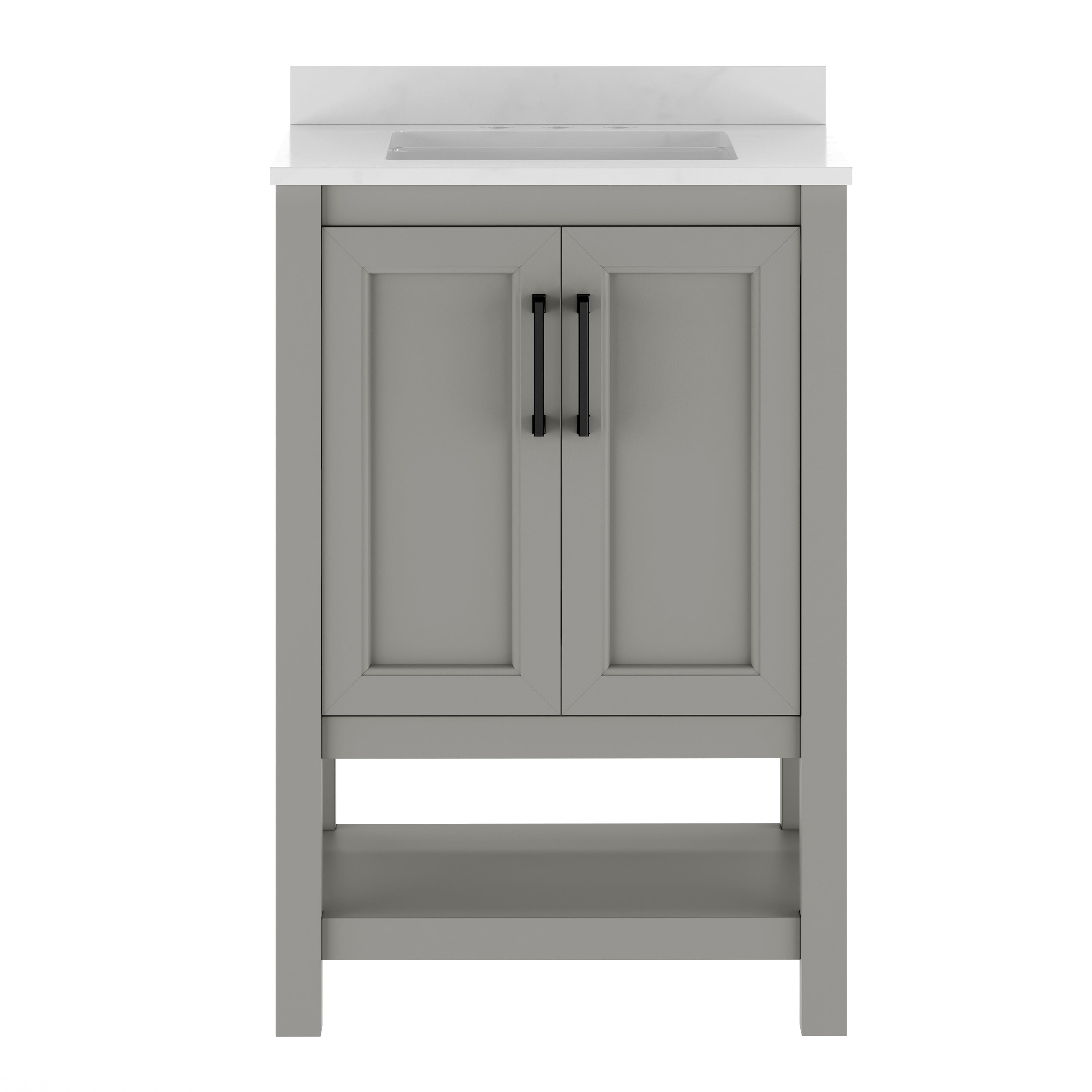 Vega 24" Bathroom Vanity with Sink, Storage Cabinet with Soft Close Doors & Open Shelf, Carrara Marble Finish Counter & Black Hardware, Gray/White