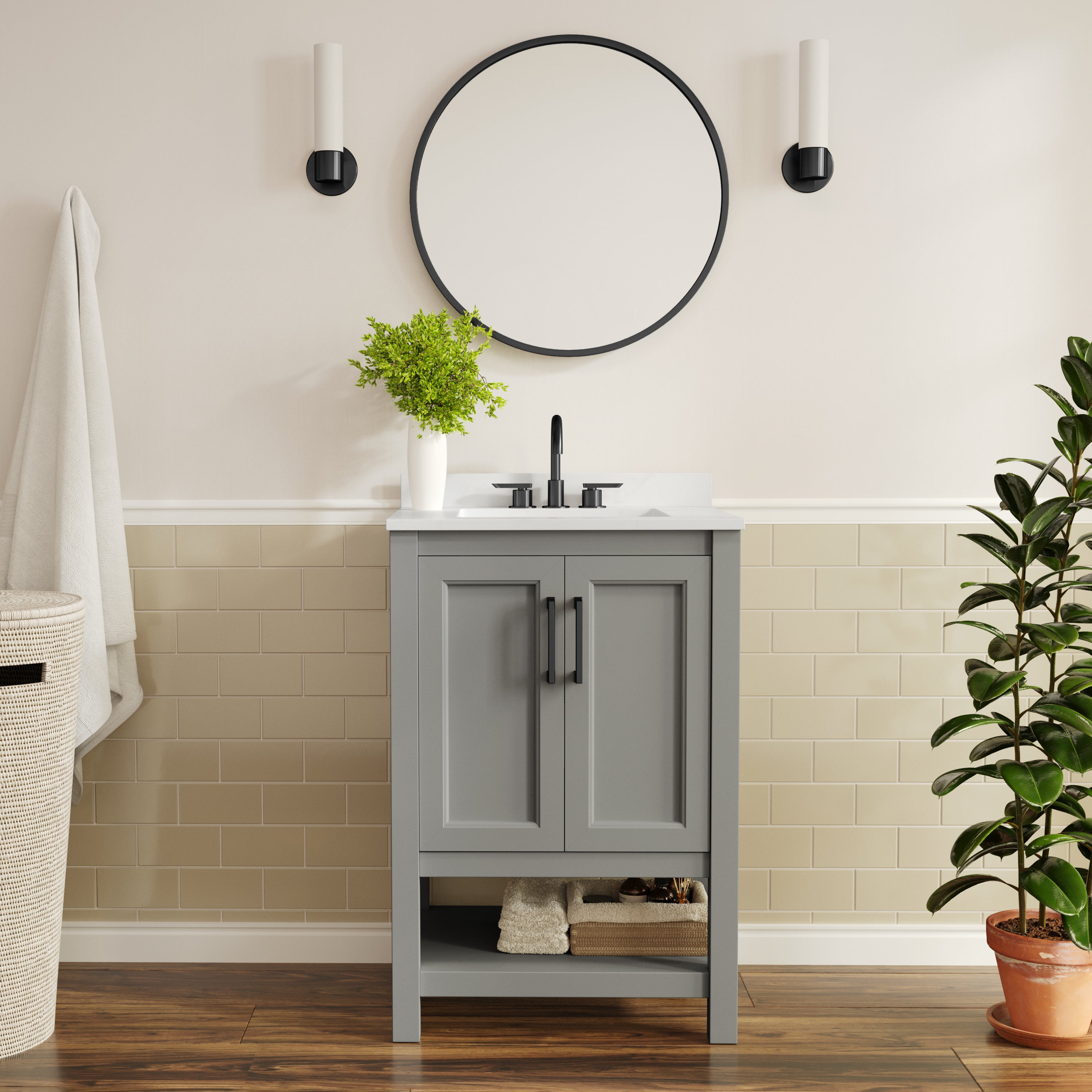 Vega 24" Bathroom Vanity with Sink, Storage Cabinet with Soft Close Doors & Open Shelf, Carrara Marble Finish Counter & Black Hardware, Gray/White