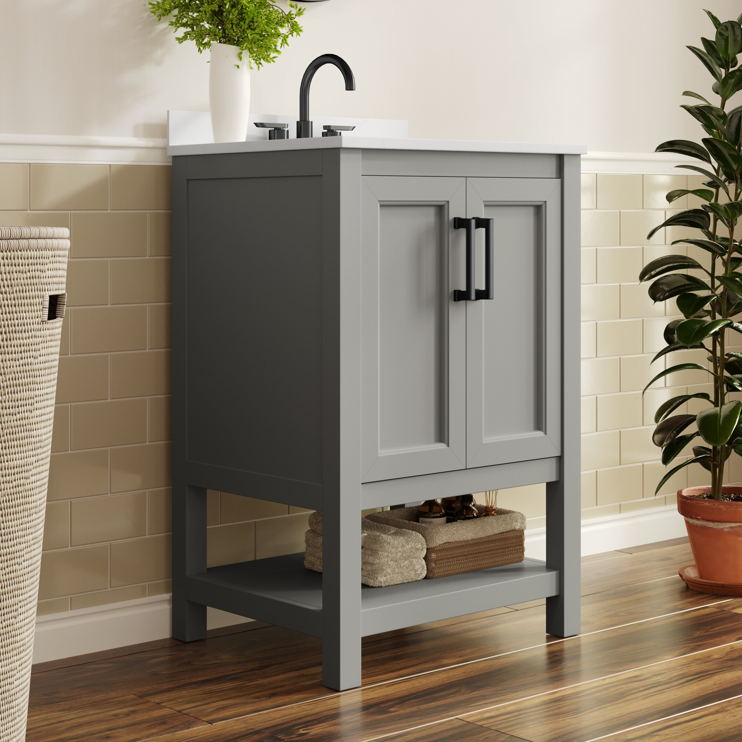 Vega 24" Bathroom Vanity with Sink, Storage Cabinet with Soft Close Doors & Open Shelf, Carrara Marble Finish Counter & Black Hardware, Gray/White