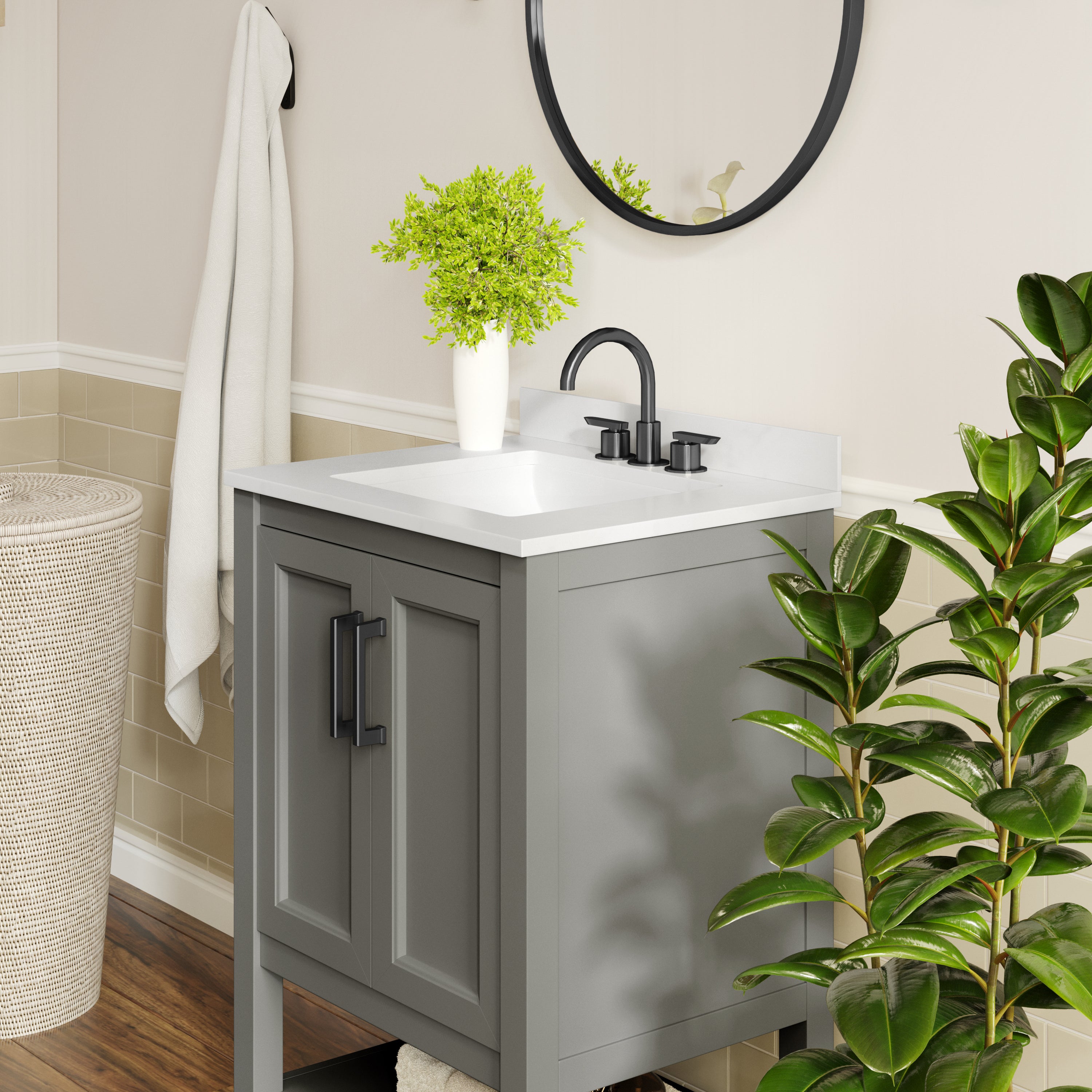 Vega 24" Bathroom Vanity with Sink, Storage Cabinet with Soft Close Doors & Open Shelf, Carrara Marble Finish Counter & Black Hardware, Gray/White