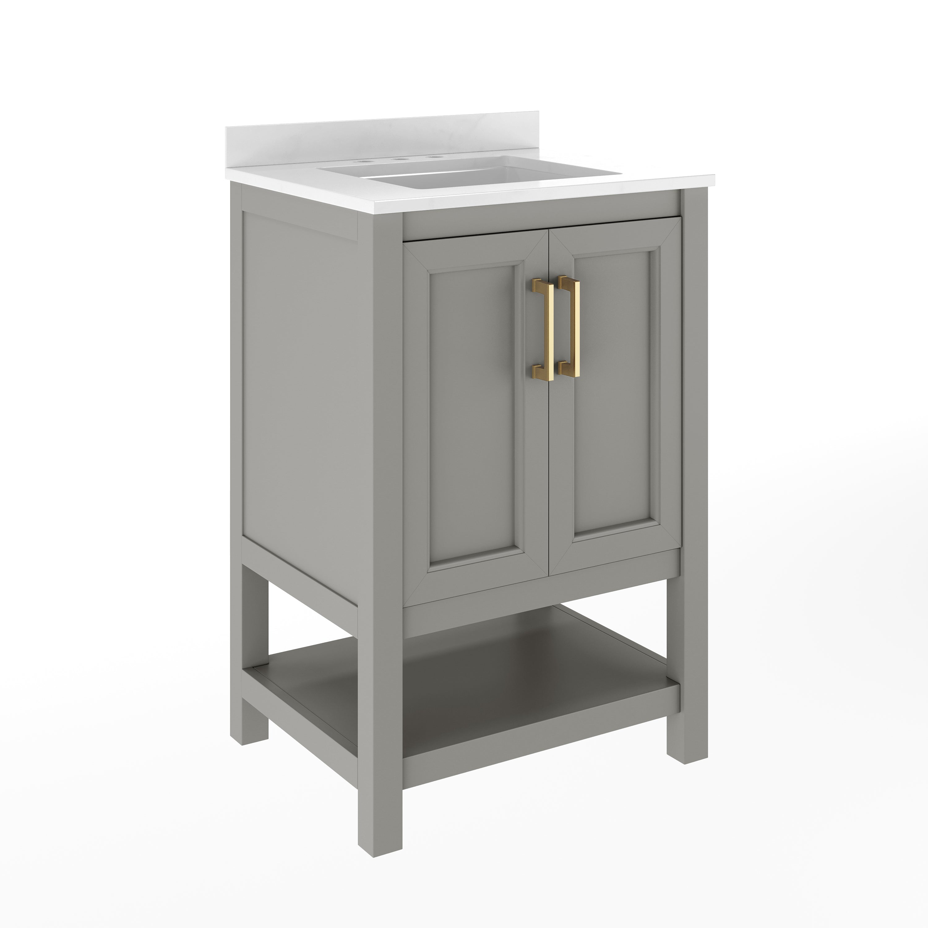 Vega 24" Bathroom Vanity with Sink, Storage Cabinet with Soft Close Doors & Open Shelf, Carrara Marble Finish Counter & Gold Hardware, Gray/White