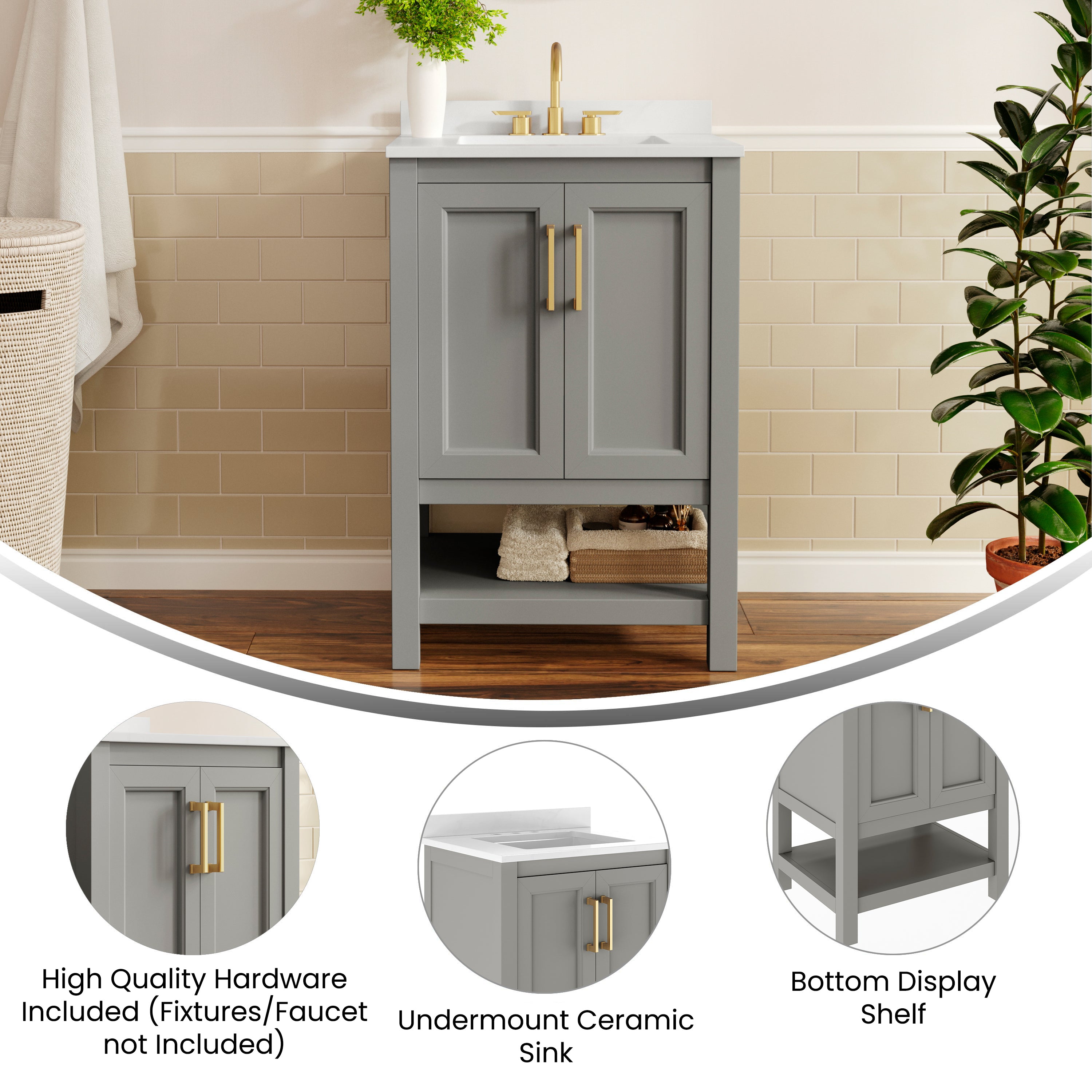 Vega 24" Bathroom Vanity with Sink, Storage Cabinet with Soft Close Doors & Open Shelf, Carrara Marble Finish Counter & Gold Hardware, Gray/White