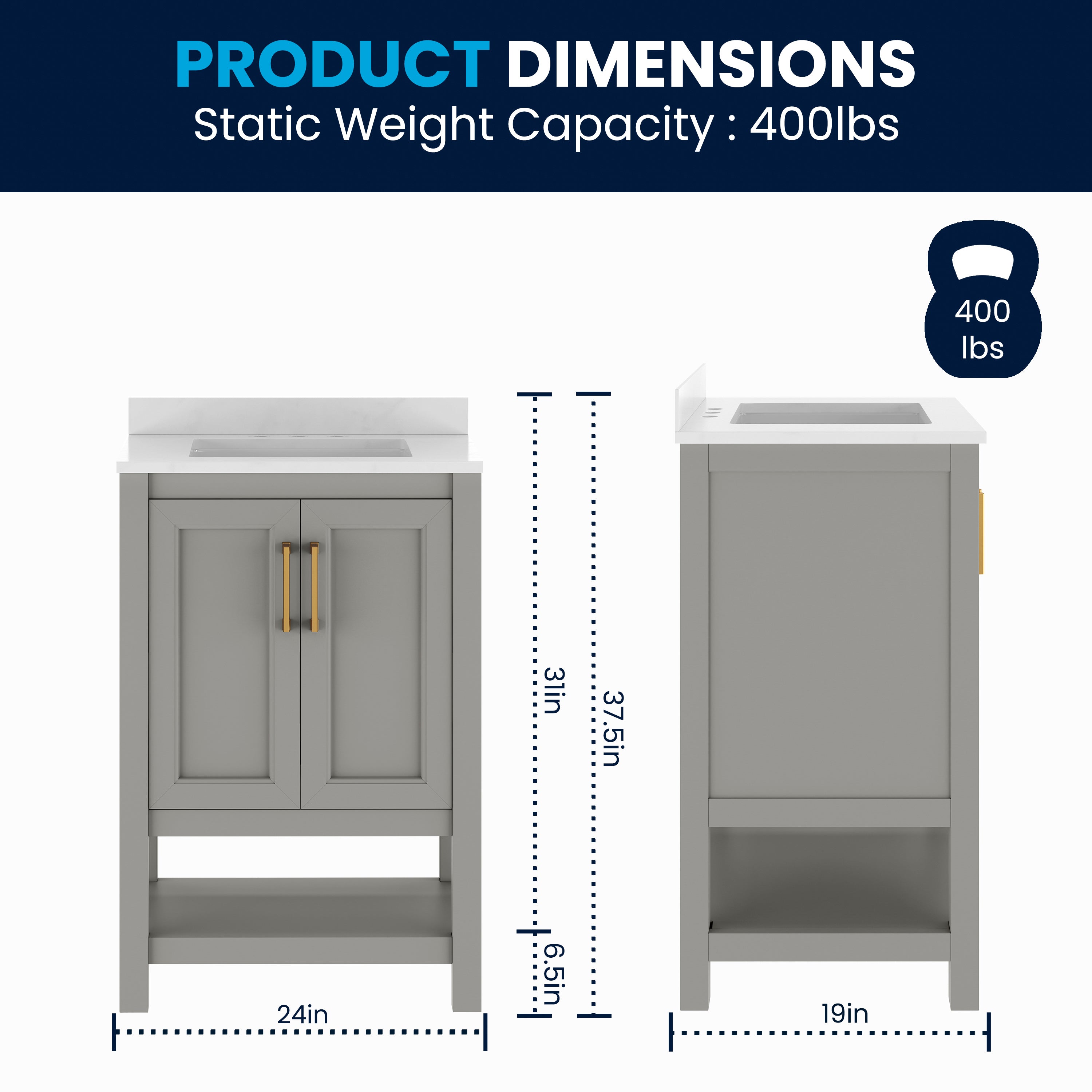 Vega 24" Bathroom Vanity with Sink, Storage Cabinet with Soft Close Doors & Open Shelf, Carrara Marble Finish Counter & Gold Hardware, Gray/White
