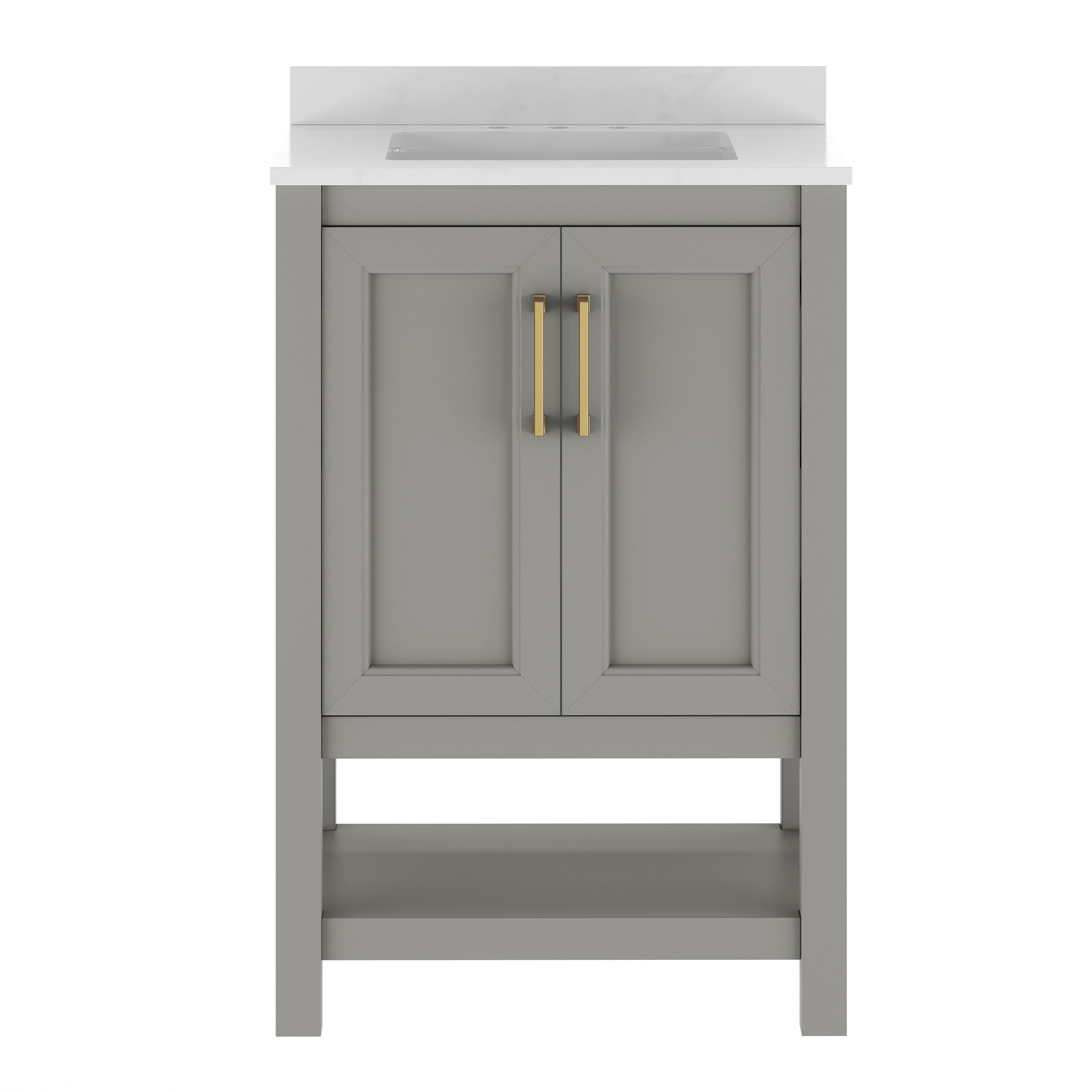 Vega 24" Bathroom Vanity with Sink, Storage Cabinet with Soft Close Doors & Open Shelf, Carrara Marble Finish Counter & Gold Hardware, Gray/White