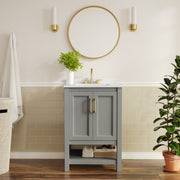 Vega 24" Bathroom Vanity with Sink, Storage Cabinet with Soft Close Doors & Open Shelf, Carrara Marble Finish Counter & Gold Hardware, Gray/White