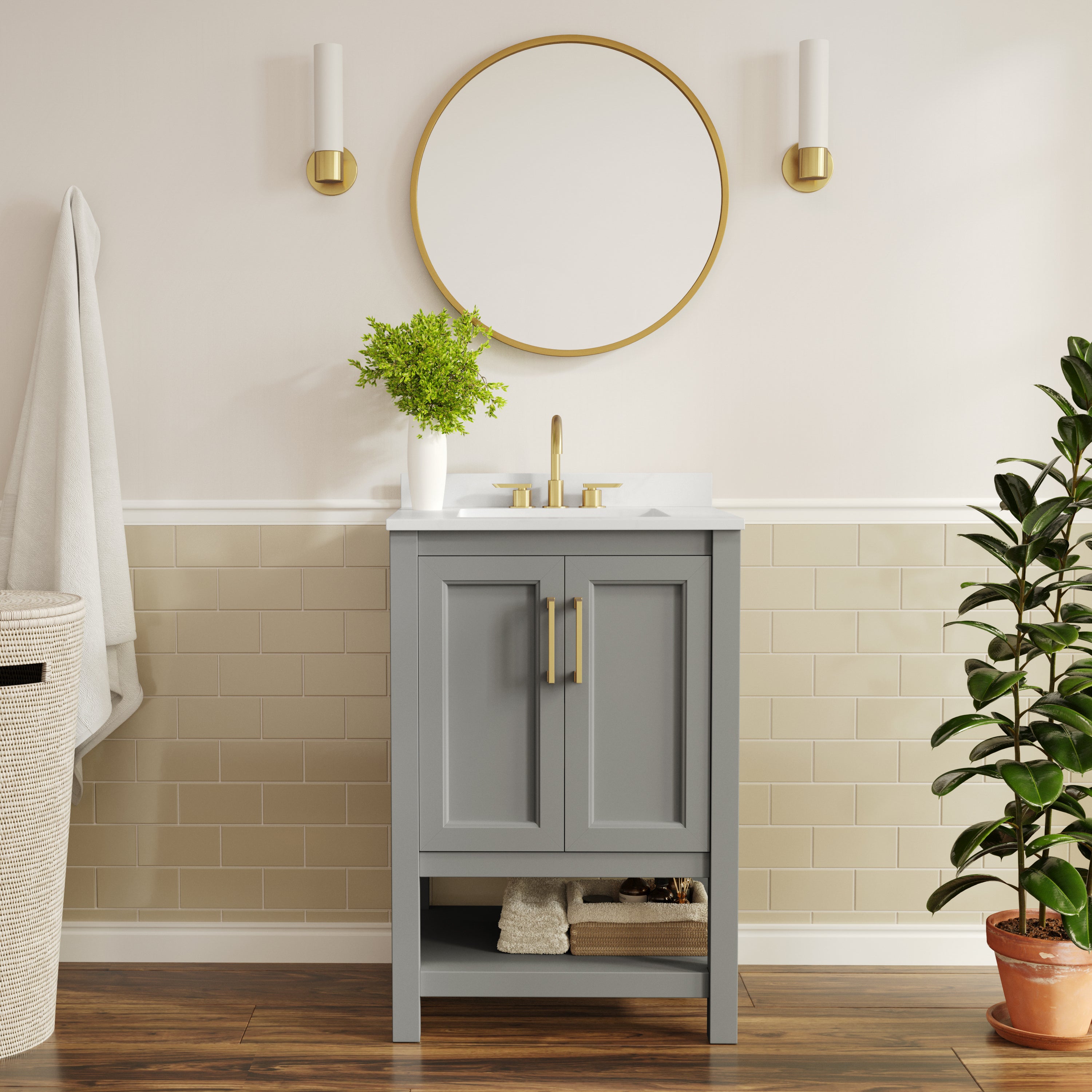 Vega 24" Bathroom Vanity with Sink, Storage Cabinet with Soft Close Doors & Open Shelf, Carrara Marble Finish Counter & Gold Hardware, Gray/White