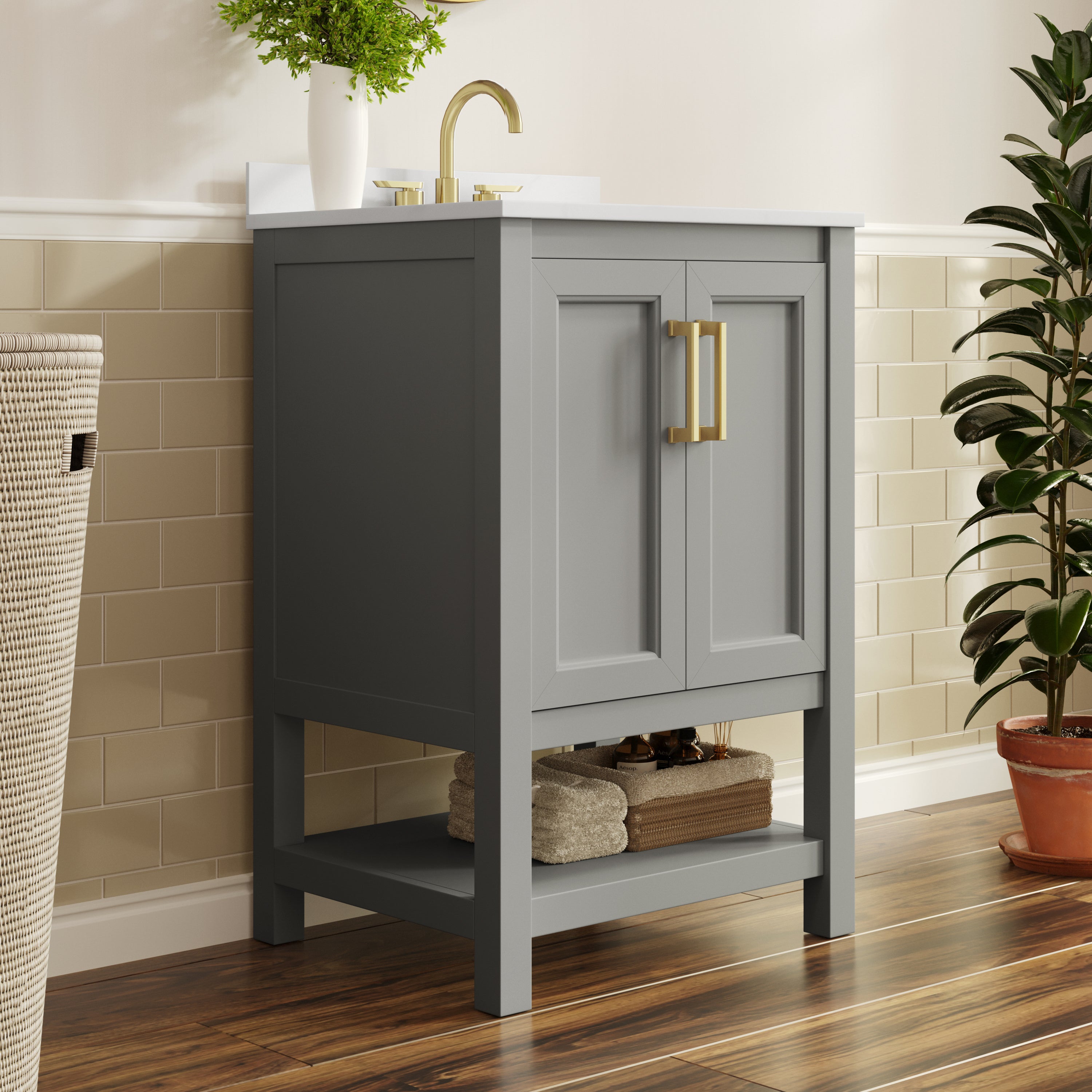 Vega 24" Bathroom Vanity with Sink, Storage Cabinet with Soft Close Doors & Open Shelf, Carrara Marble Finish Counter & Gold Hardware, Gray/White