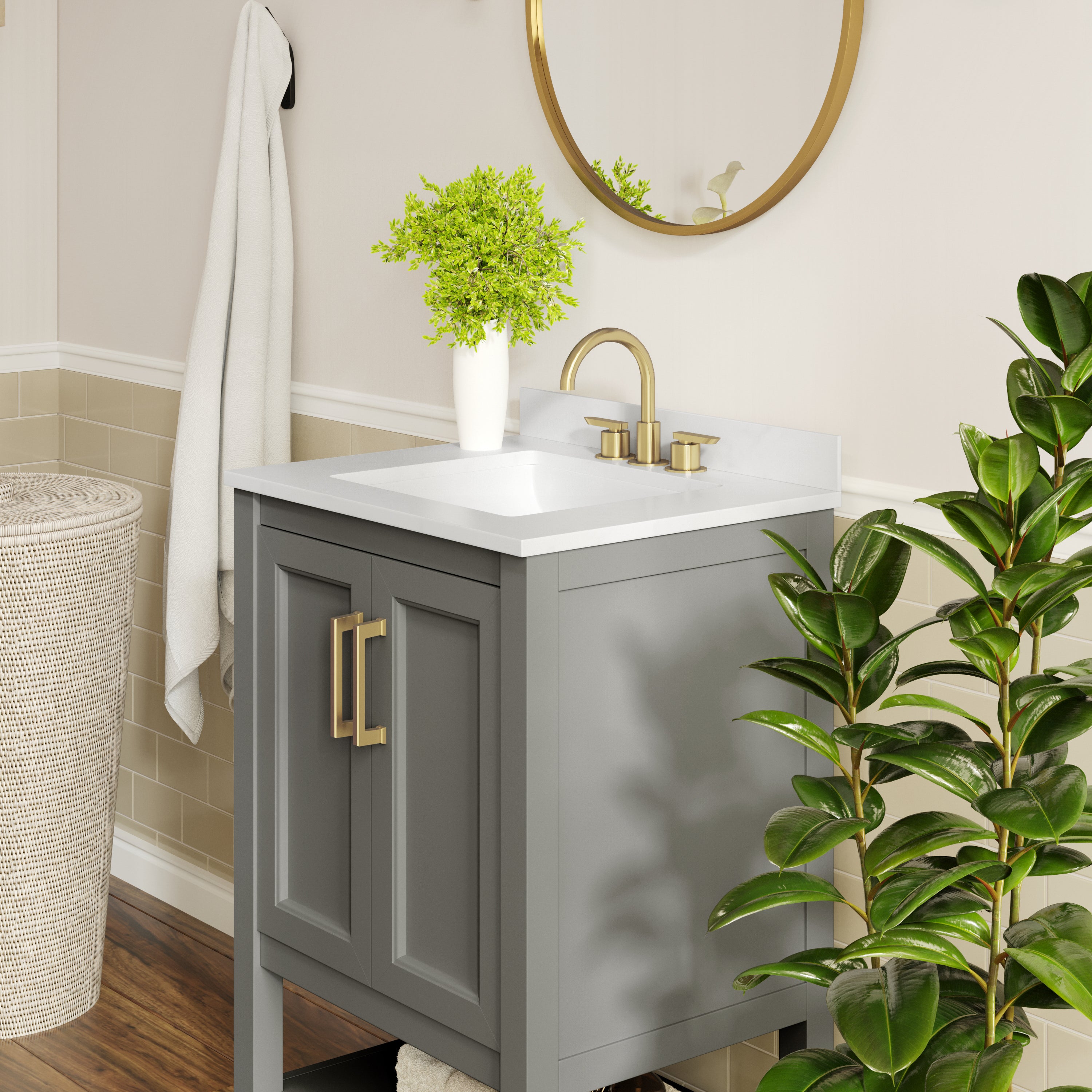 Vega 24" Bathroom Vanity with Sink, Storage Cabinet with Soft Close Doors & Open Shelf, Carrara Marble Finish Counter & Gold Hardware, Gray/White
