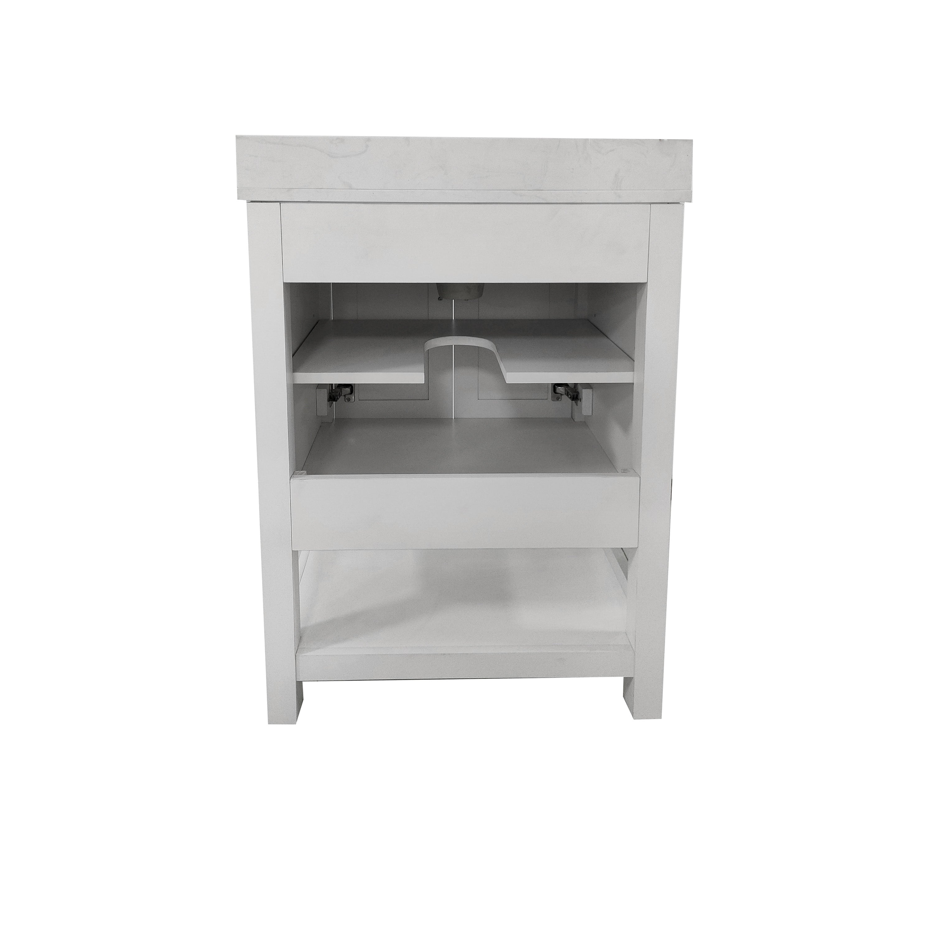 Vega 24 Inch Bathroom Vanity with Sink Combo, Storage Cabinet with Soft Close Doors and Open Shelf, Carrara Marble Finish Countertop, White/White