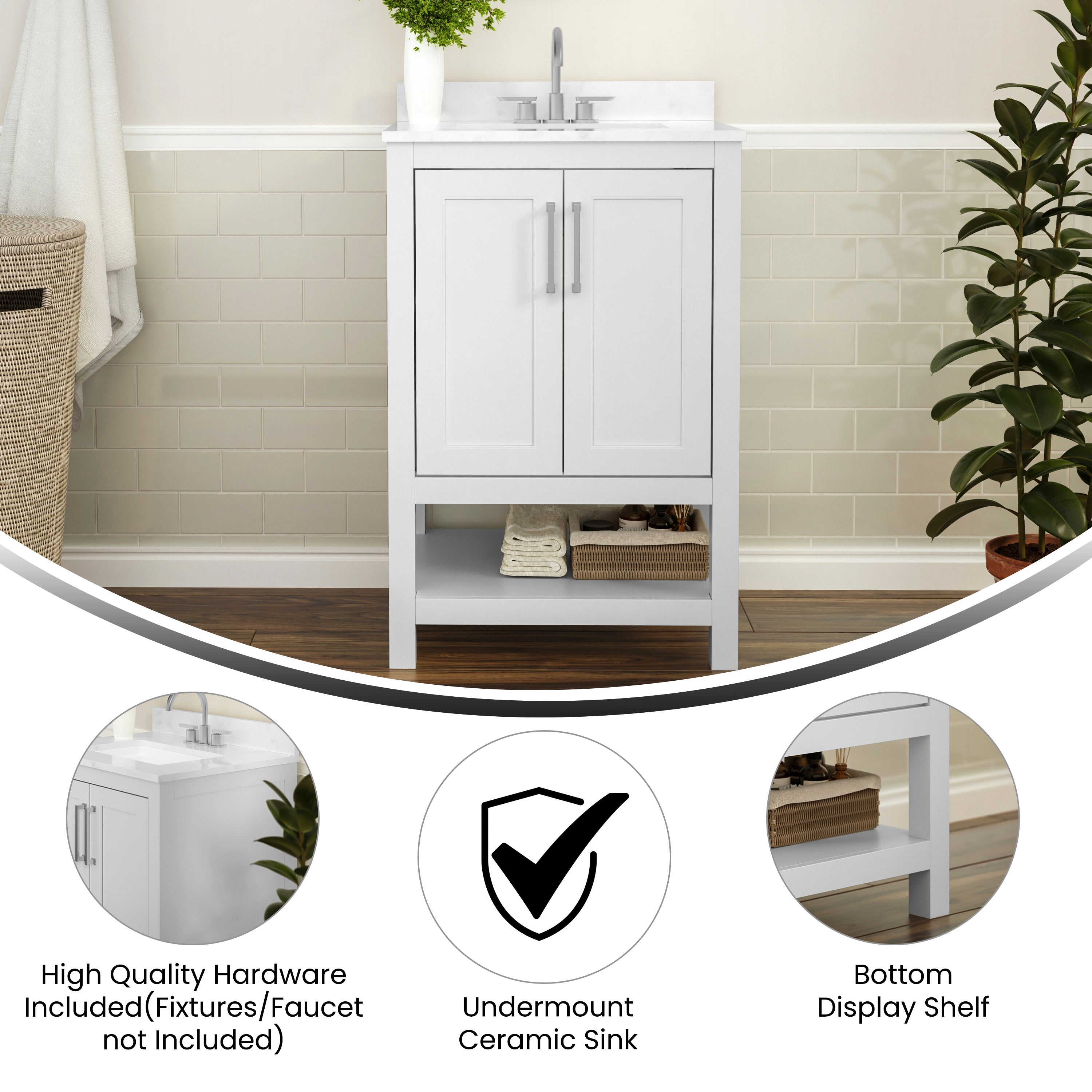 Vega 24 Inch Bathroom Vanity with Sink Combo, Storage Cabinet with Soft Close Doors and Open Shelf, Carrara Marble Finish Countertop, White/White