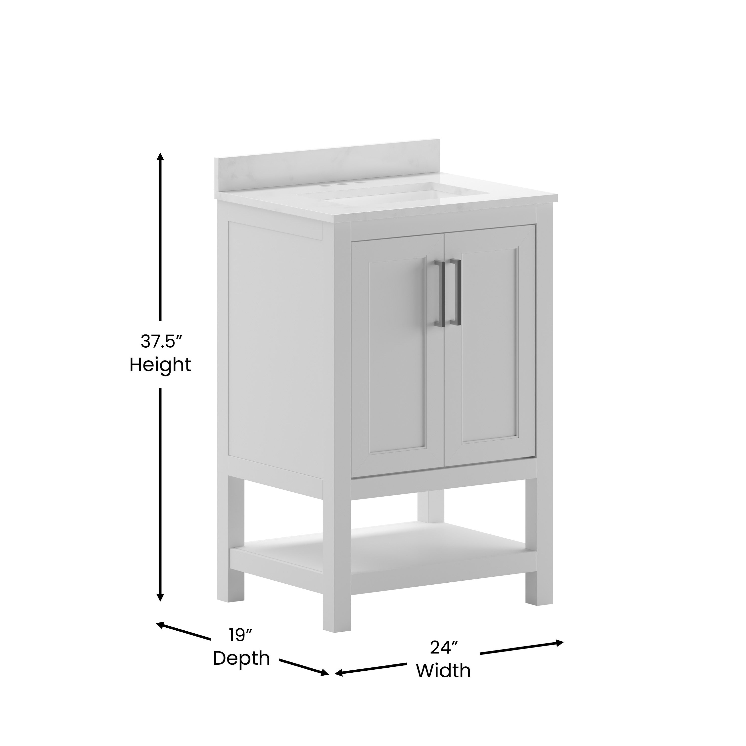 Vega 24 Inch Bathroom Vanity with Sink Combo, Storage Cabinet with Soft Close Doors and Open Shelf, Carrara Marble Finish Countertop, White/White