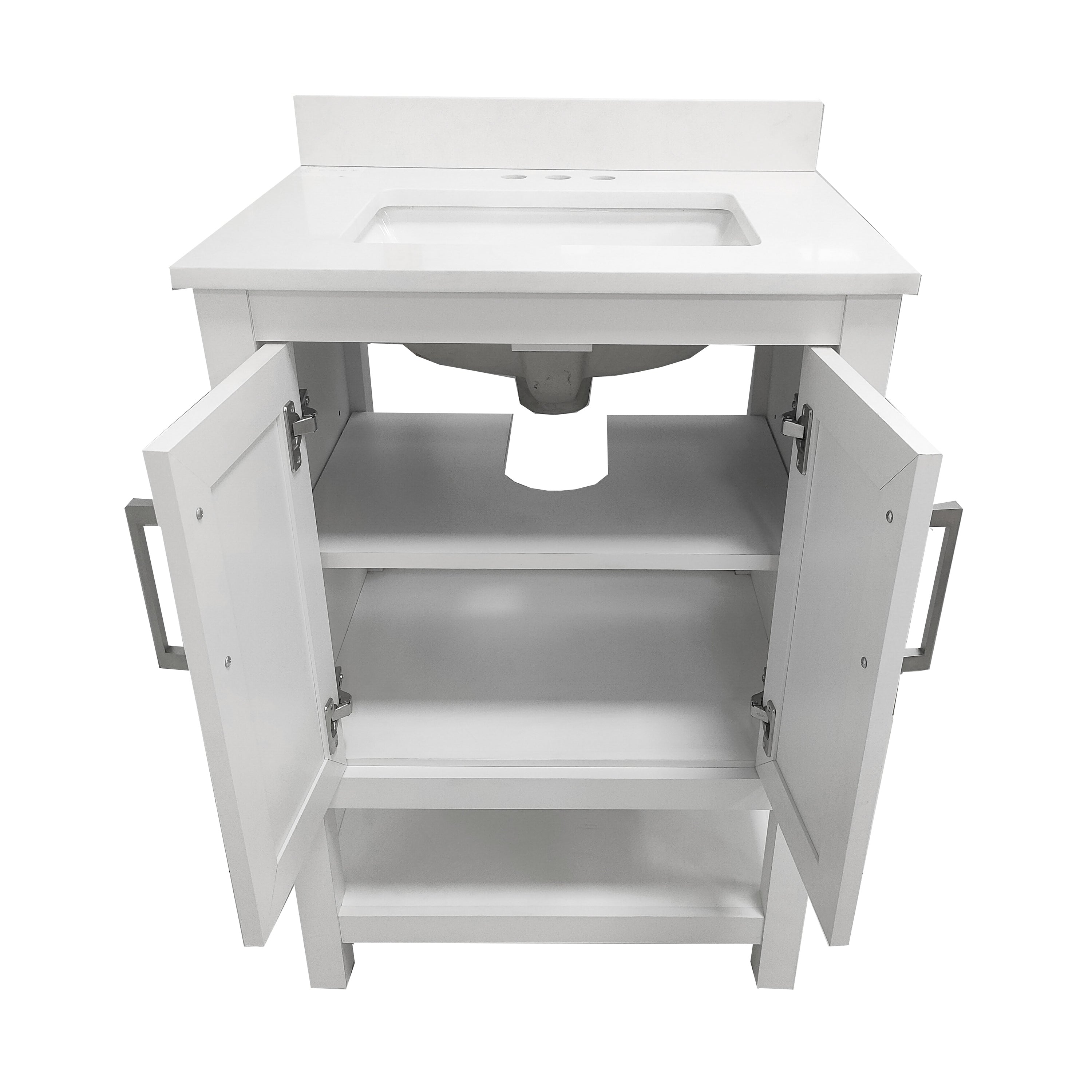 Vega 24 Inch Bathroom Vanity with Sink Combo, Storage Cabinet with Soft Close Doors and Open Shelf, Carrara Marble Finish Countertop, White/White