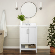 Vega 24 Inch Bathroom Vanity with Sink Combo, Storage Cabinet with Soft Close Doors and Open Shelf, Carrara Marble Finish Countertop, White/White