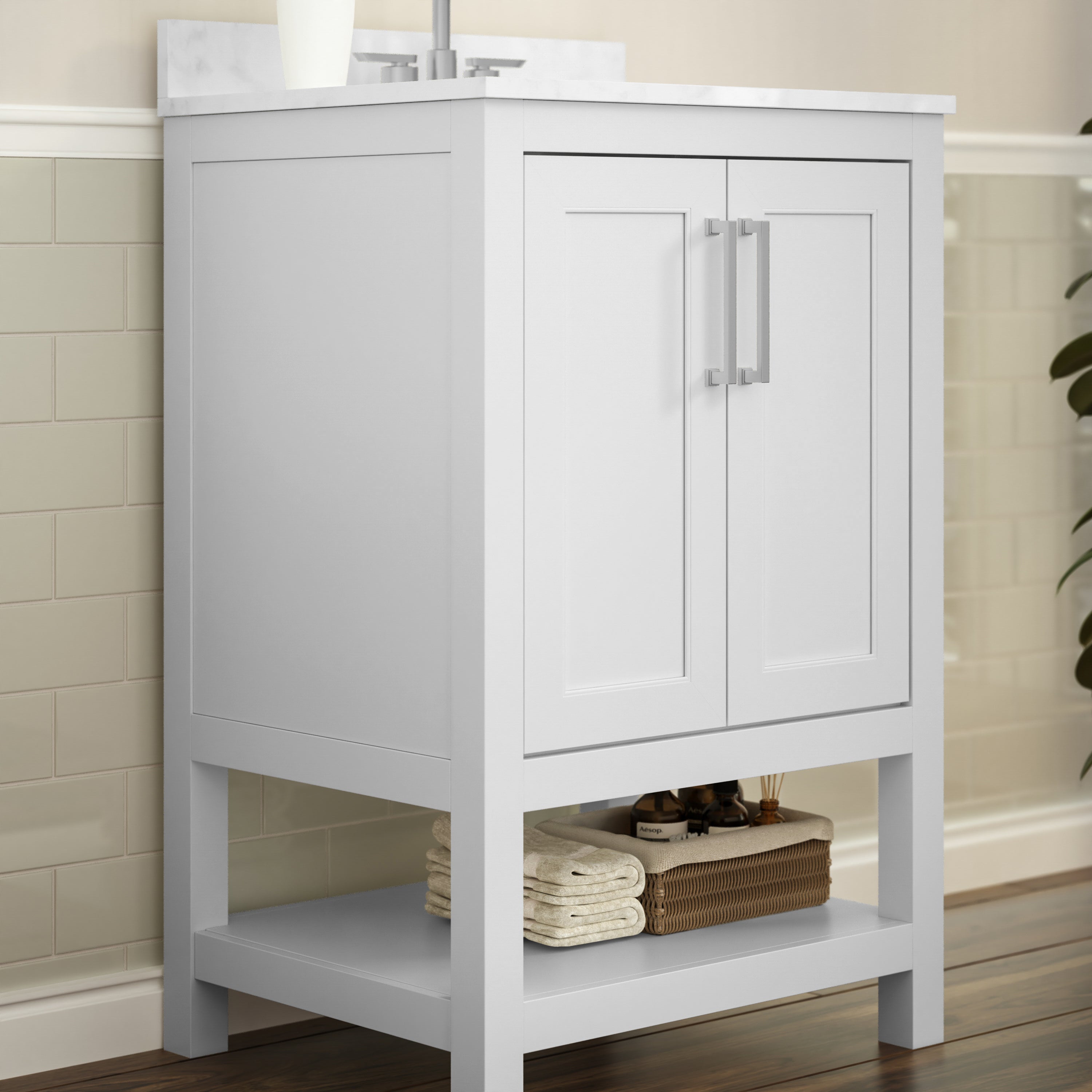 Vega 24 Inch Bathroom Vanity with Sink Combo, Storage Cabinet with Soft Close Doors and Open Shelf, Carrara Marble Finish Countertop, White/White