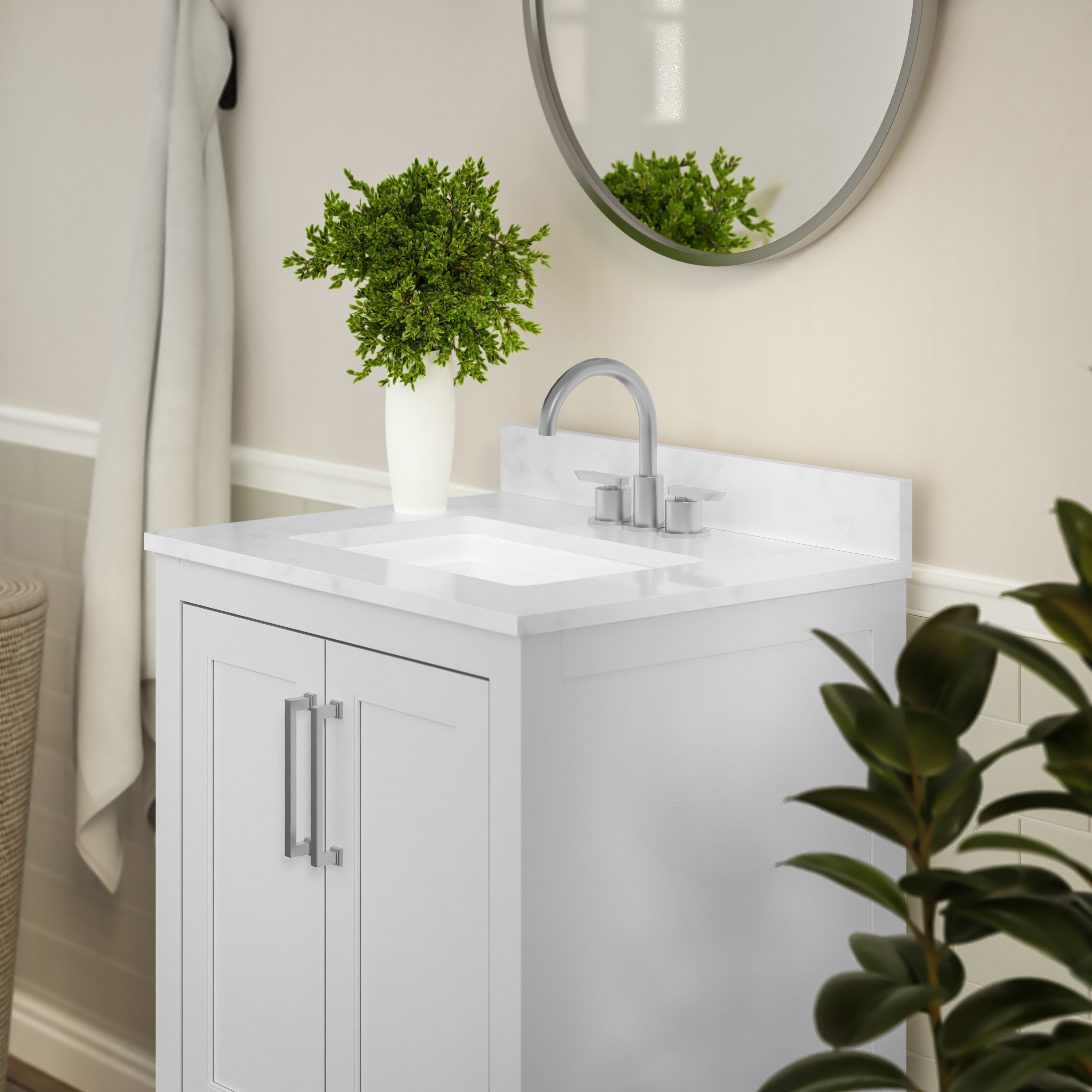 Vega 24 Inch Bathroom Vanity with Sink Combo, Storage Cabinet with Soft Close Doors and Open Shelf, Carrara Marble Finish Countertop, White/White