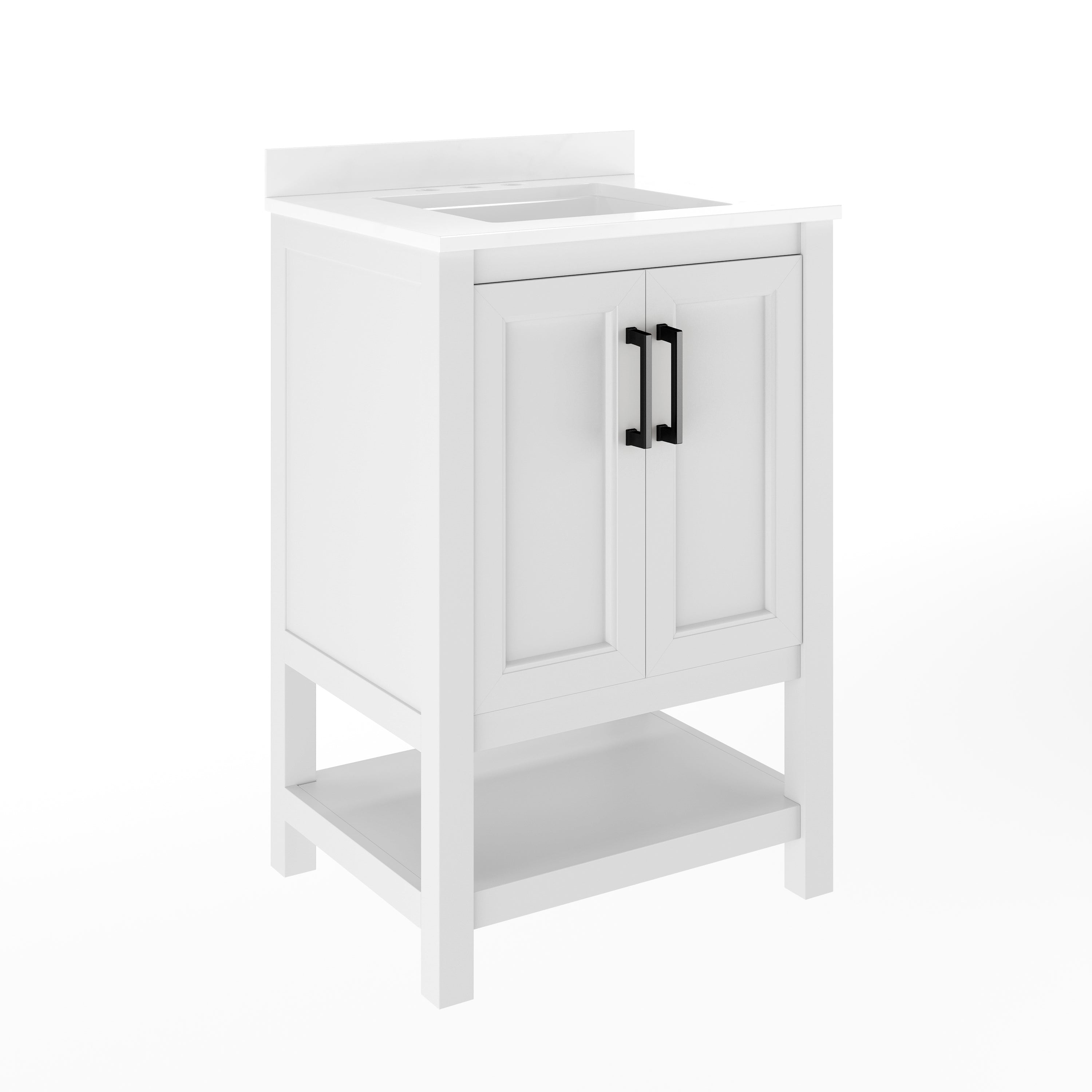 Vega 24" Bathroom Vanity with Sink, Storage Cabinet with Soft Close Doors & Open Shelf, Carrara Marble Finish Counter & Black Hardware, White/White