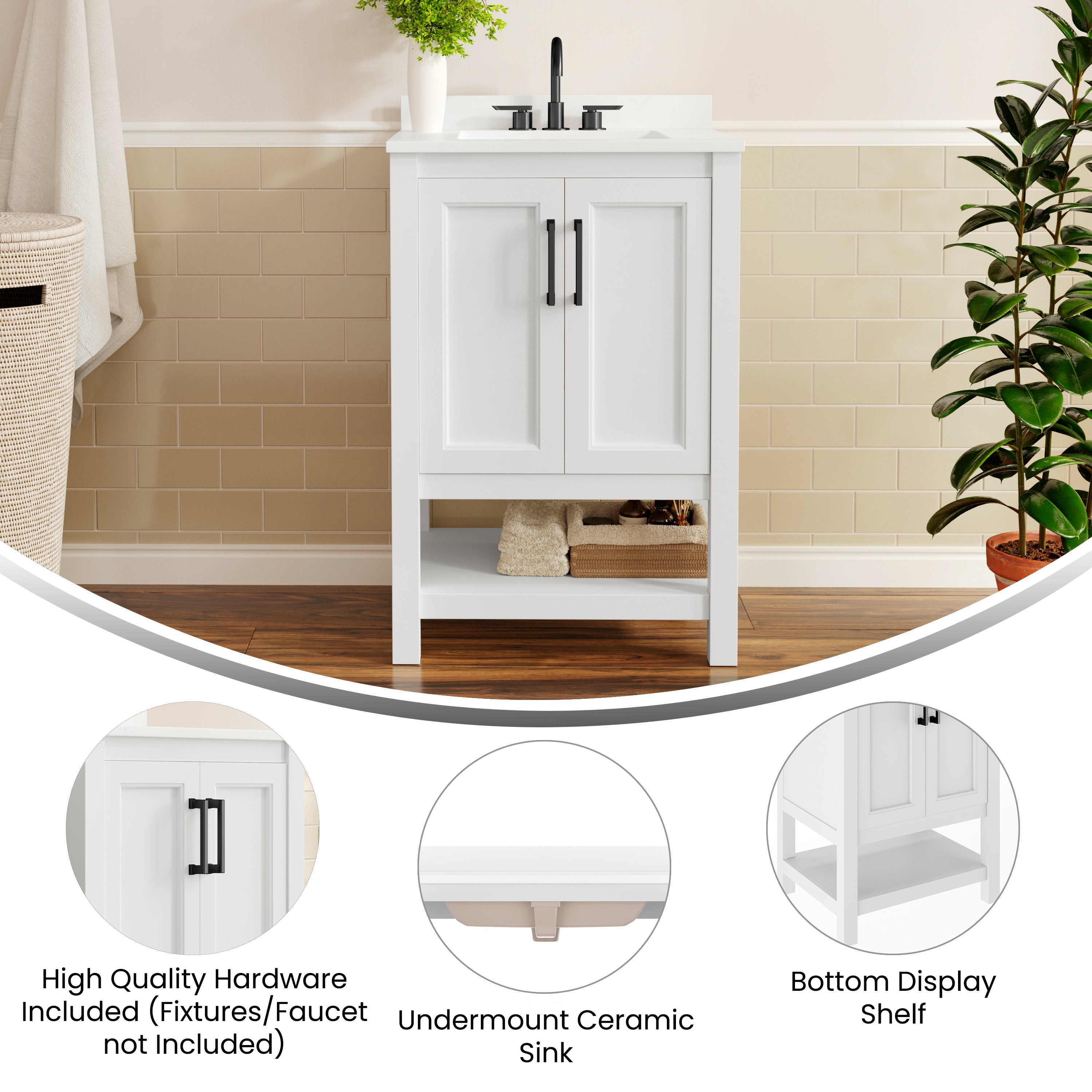 Vega 24" Bathroom Vanity with Sink, Storage Cabinet with Soft Close Doors & Open Shelf, Carrara Marble Finish Counter & Black Hardware, White/White