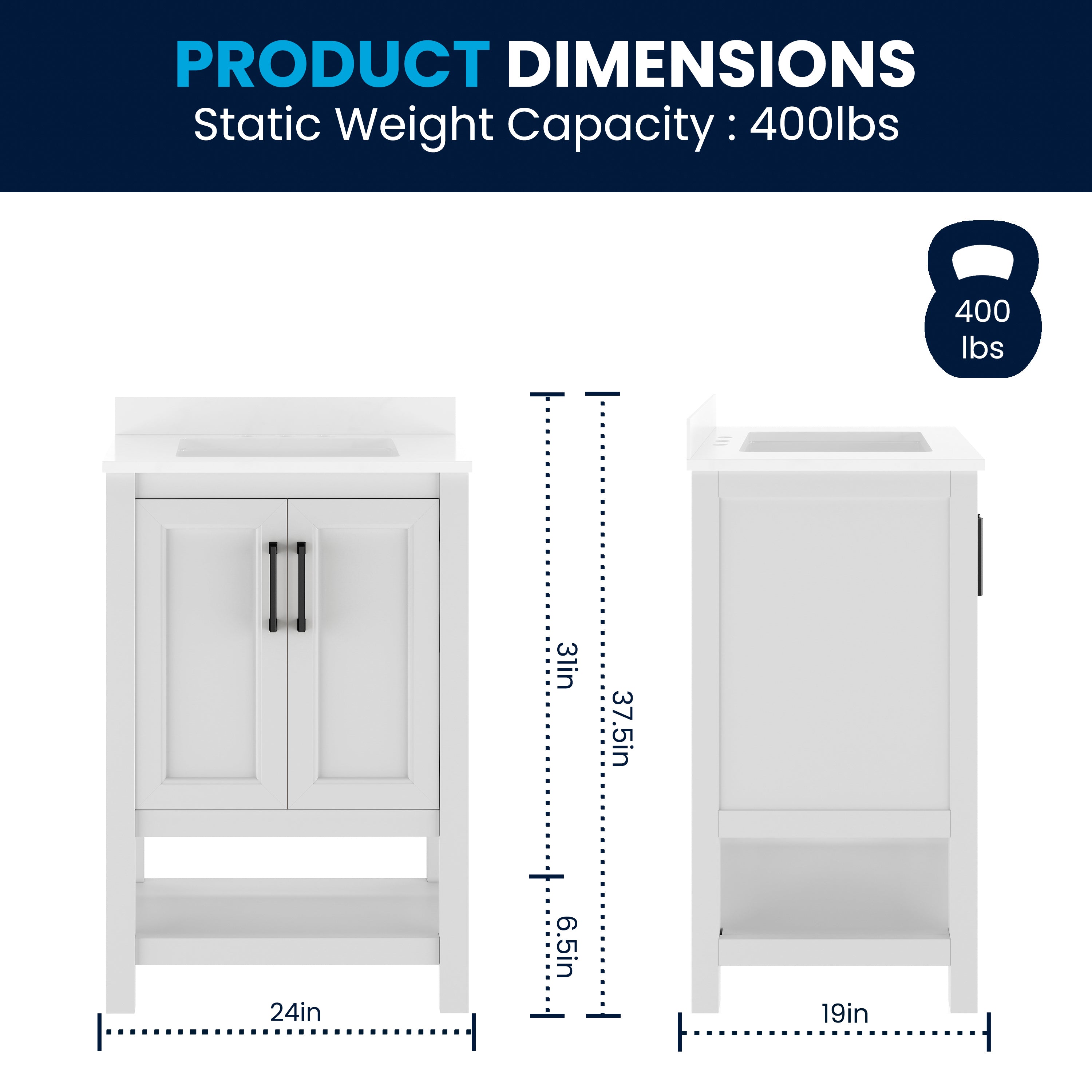 Vega 24" Bathroom Vanity with Sink, Storage Cabinet with Soft Close Doors & Open Shelf, Carrara Marble Finish Counter & Black Hardware, White/White