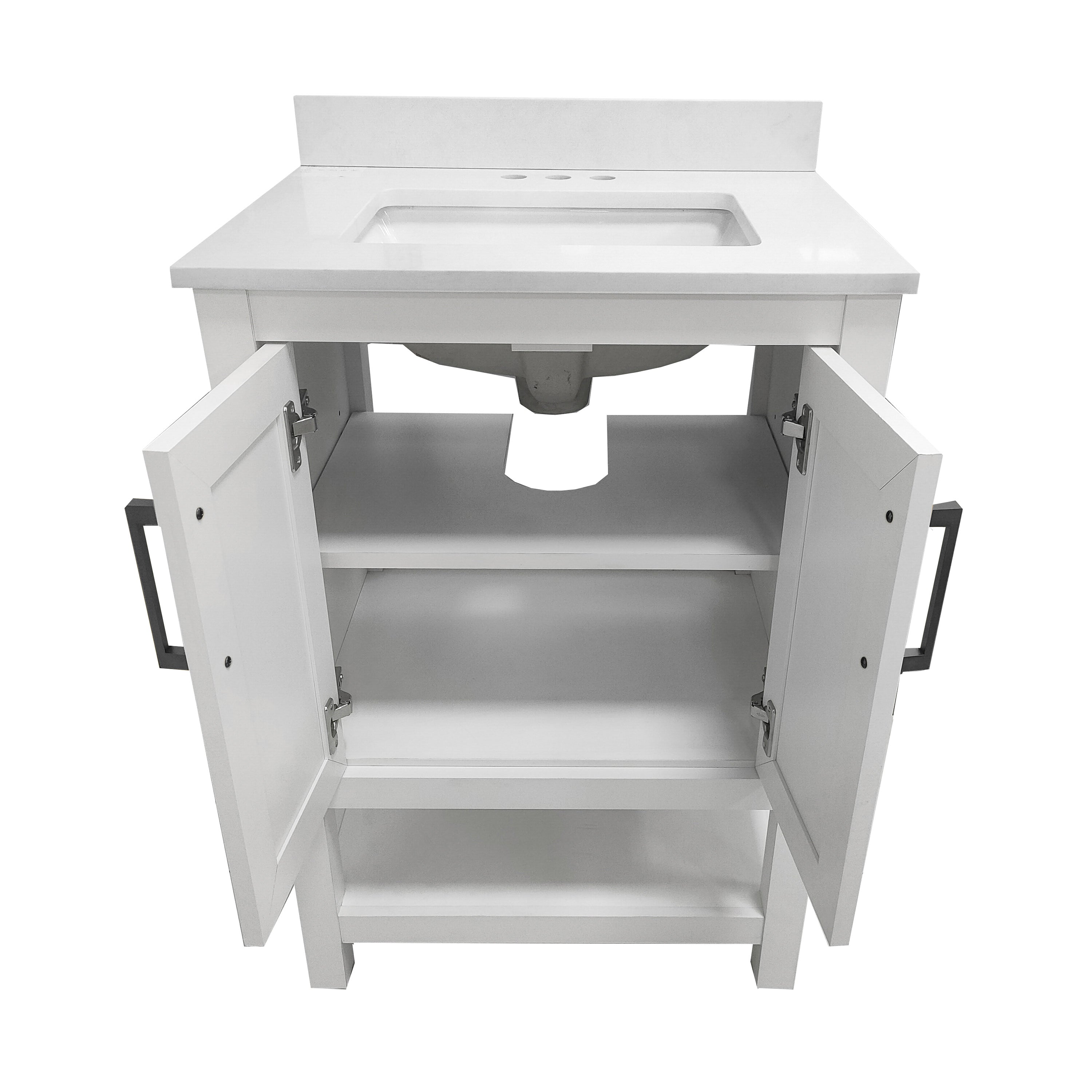 Vega 24" Bathroom Vanity with Sink, Storage Cabinet with Soft Close Doors & Open Shelf, Carrara Marble Finish Counter & Black Hardware, White/White