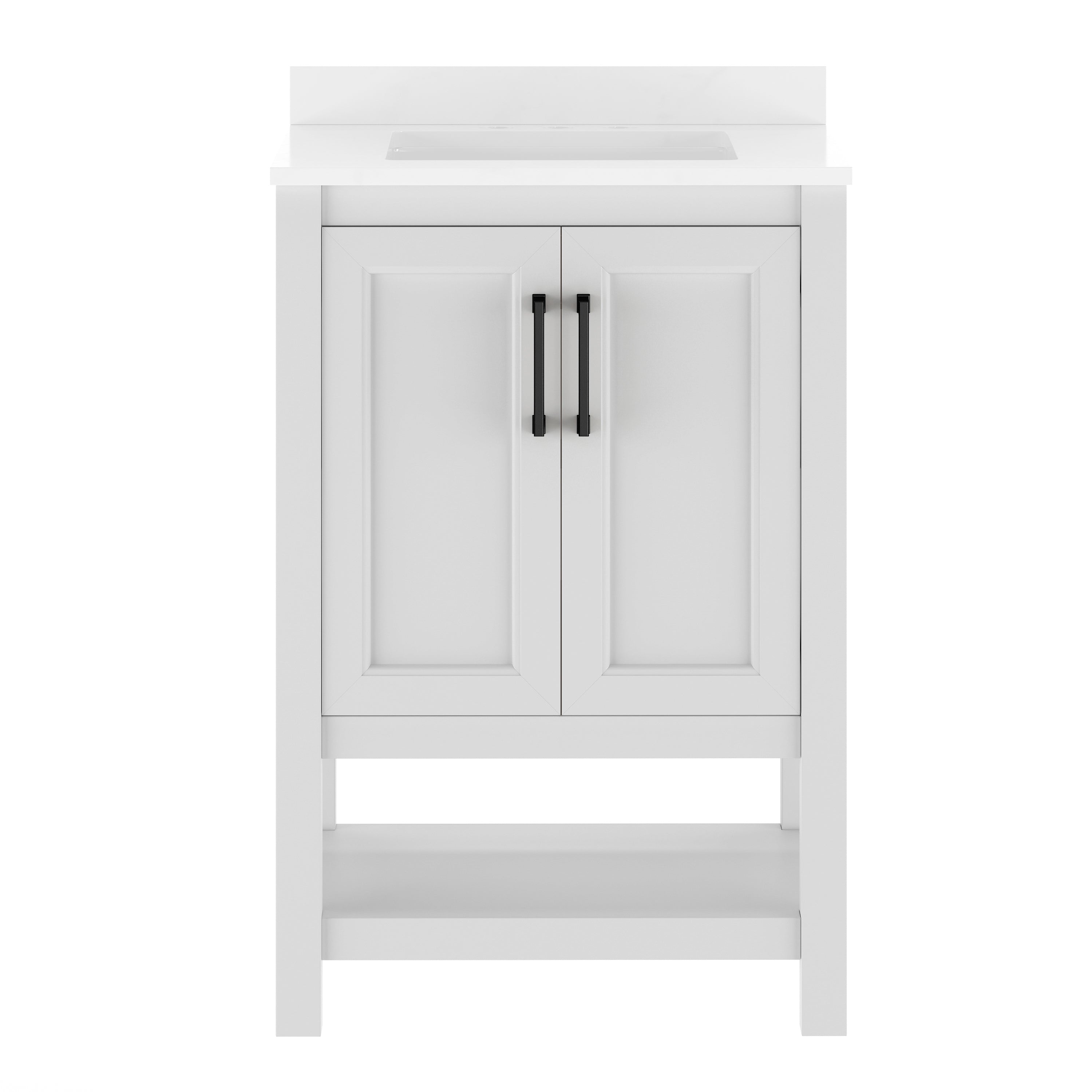 Vega 24" Bathroom Vanity with Sink, Storage Cabinet with Soft Close Doors & Open Shelf, Carrara Marble Finish Counter & Black Hardware, White/White