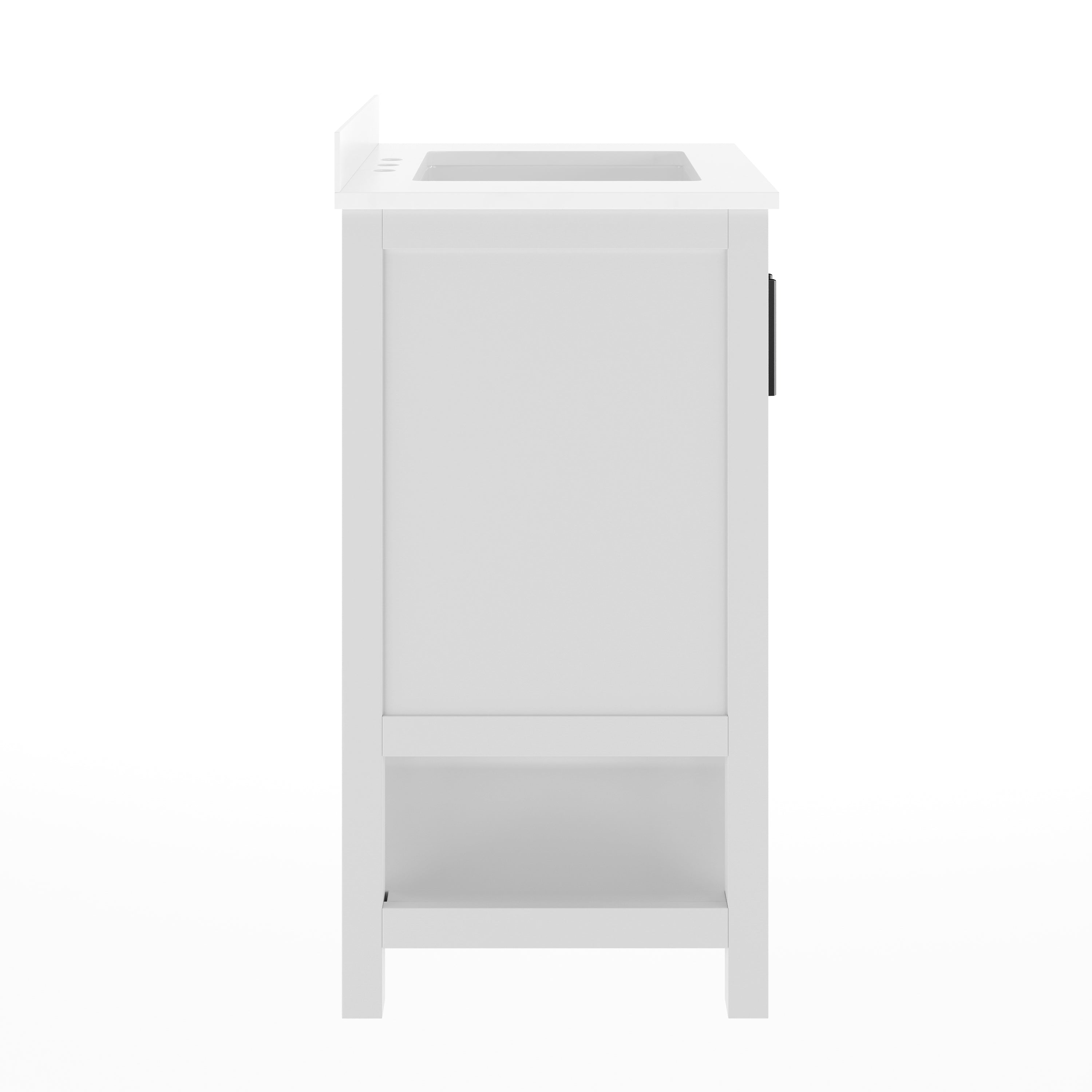 Vega 24" Bathroom Vanity with Sink, Storage Cabinet with Soft Close Doors & Open Shelf, Carrara Marble Finish Counter & Black Hardware, White/White