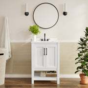 Vega 24" Bathroom Vanity with Sink, Storage Cabinet with Soft Close Doors & Open Shelf, Carrara Marble Finish Counter & Black Hardware, White/White