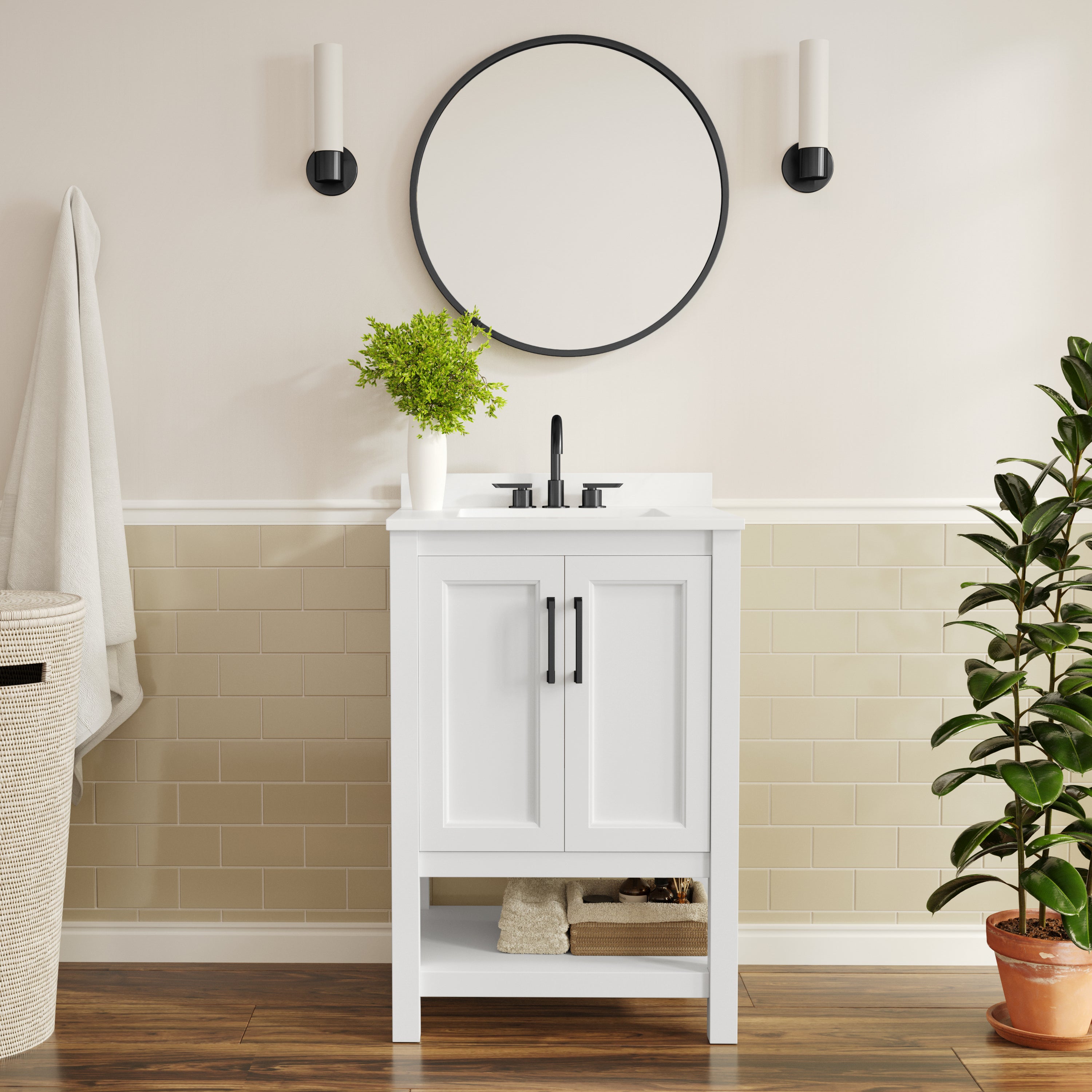 Vega 24" Bathroom Vanity with Sink, Storage Cabinet with Soft Close Doors & Open Shelf, Carrara Marble Finish Counter & Black Hardware, White/White