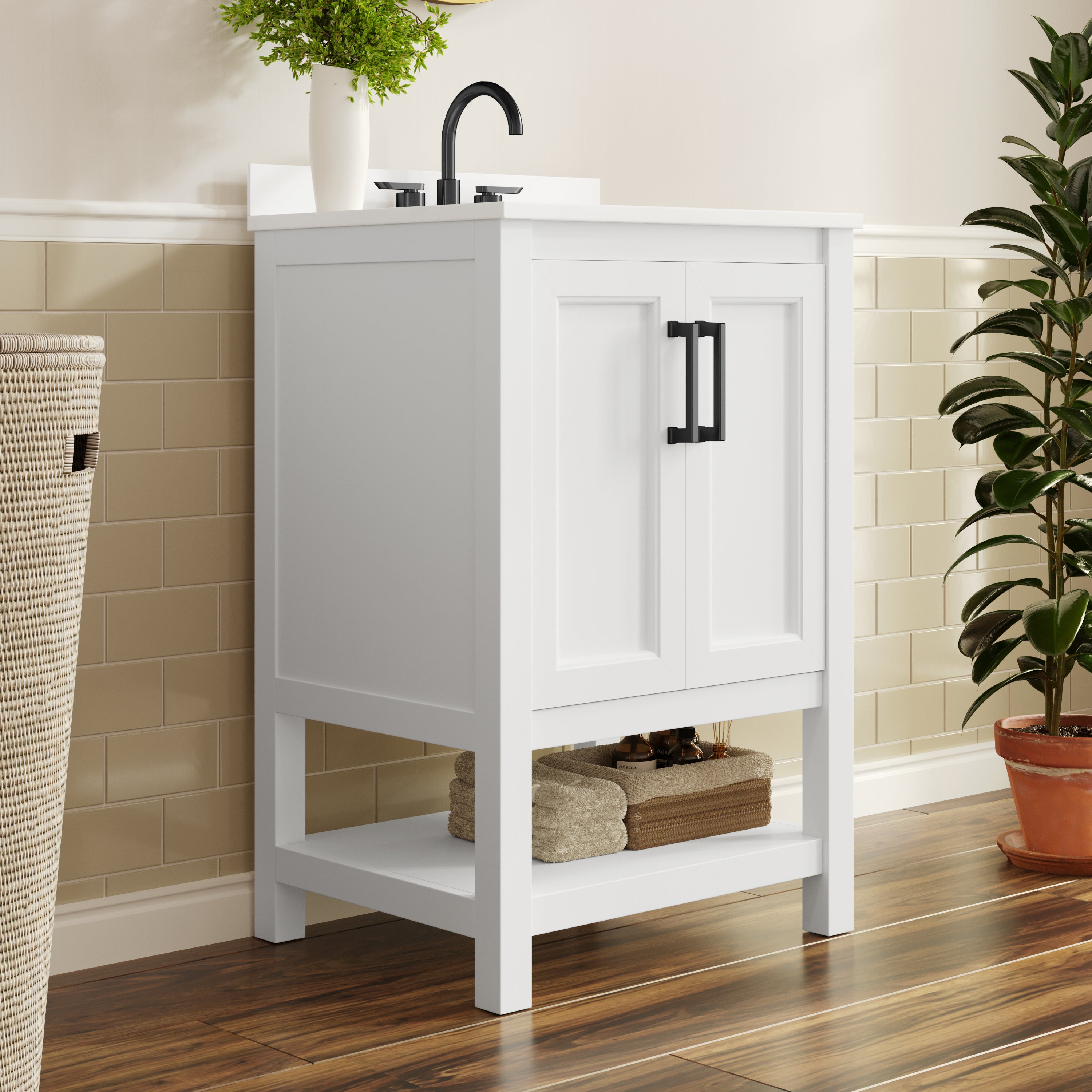 Vega 24" Bathroom Vanity with Sink, Storage Cabinet with Soft Close Doors & Open Shelf, Carrara Marble Finish Counter & Black Hardware, White/White