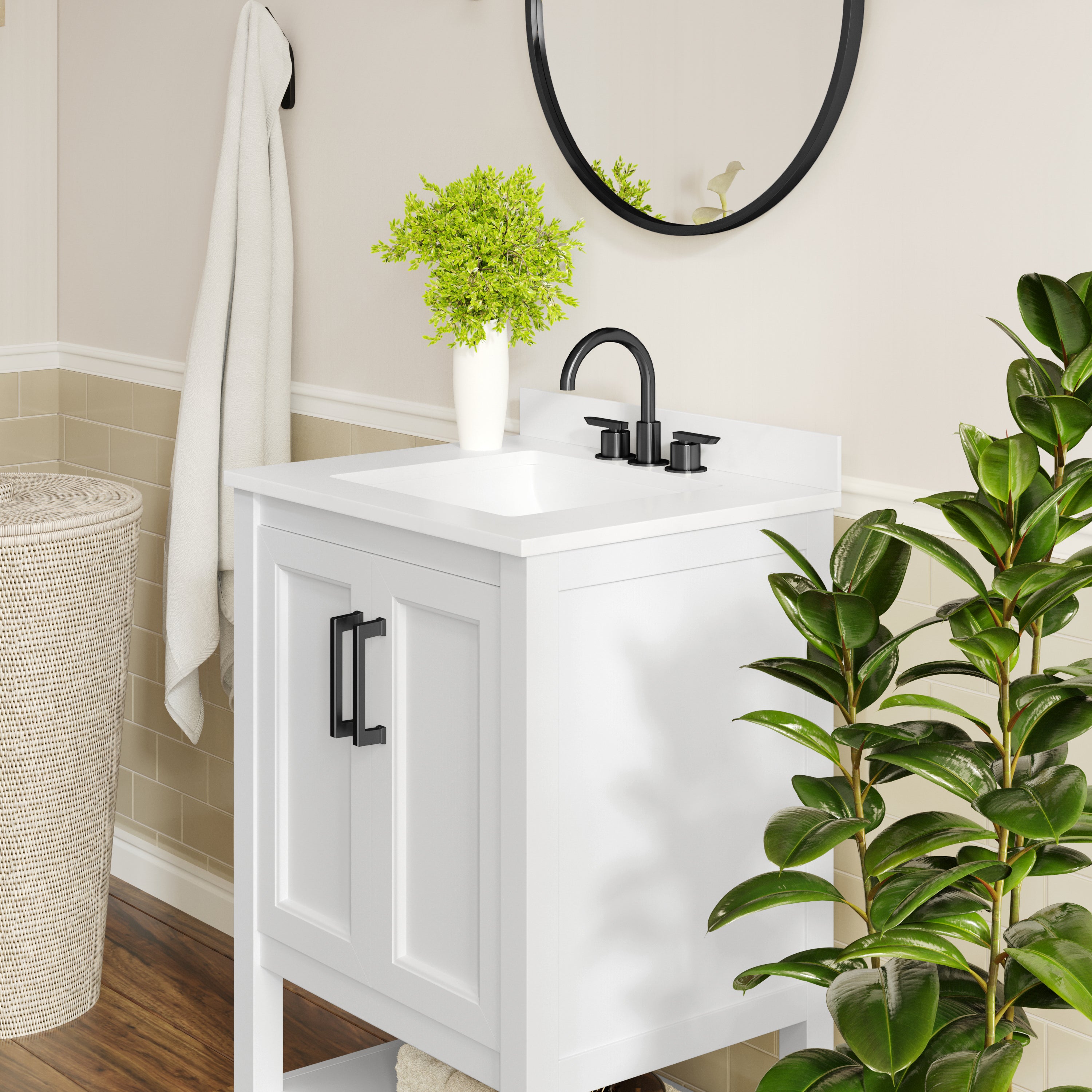Vega 24" Bathroom Vanity with Sink, Storage Cabinet with Soft Close Doors & Open Shelf, Carrara Marble Finish Counter & Black Hardware, White/White