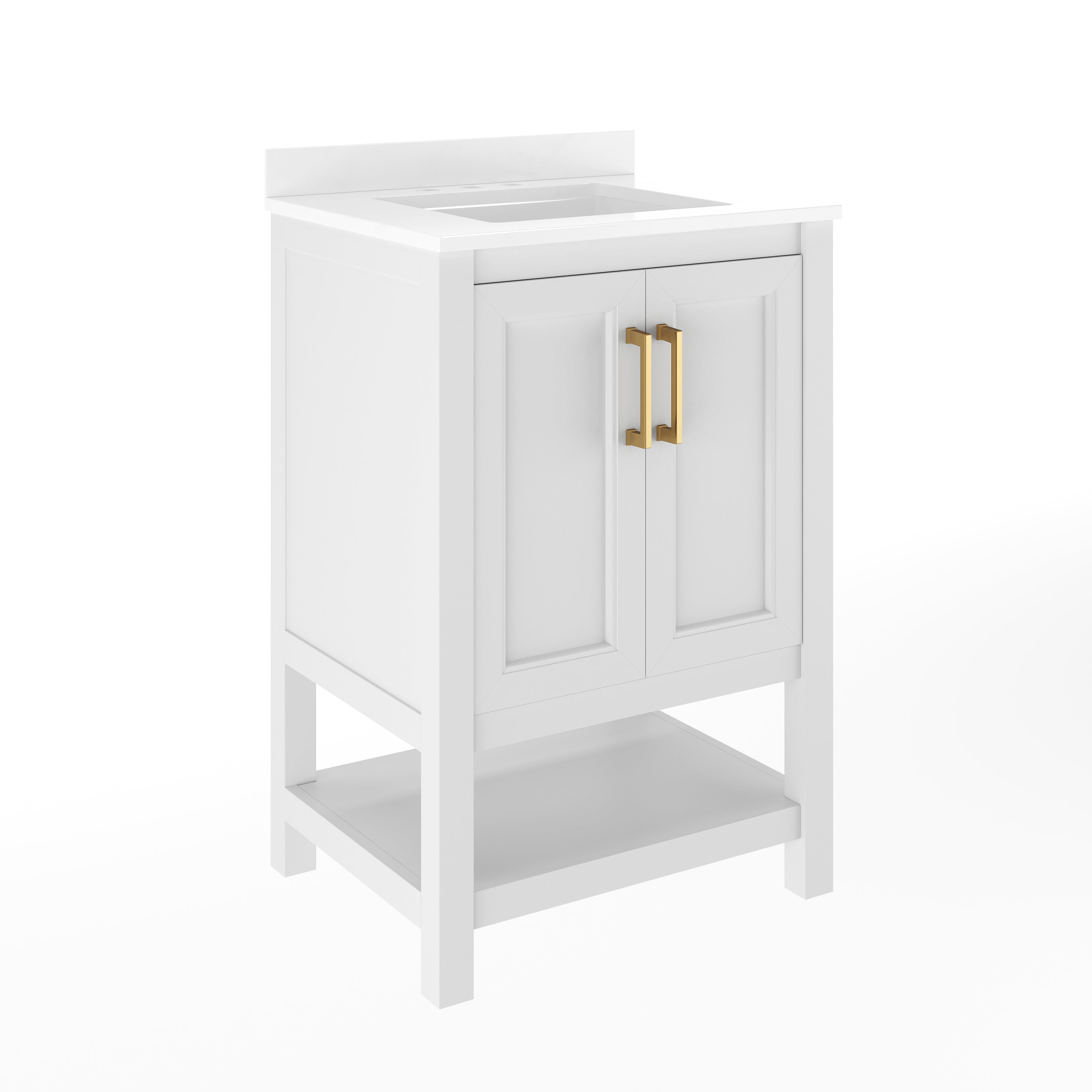 Vega 24" Bathroom Vanity with Sink, Storage Cabinet with Soft Close Doors & Open Shelf, Carrara Marble Finish Counter & Gold Hardware, White/White