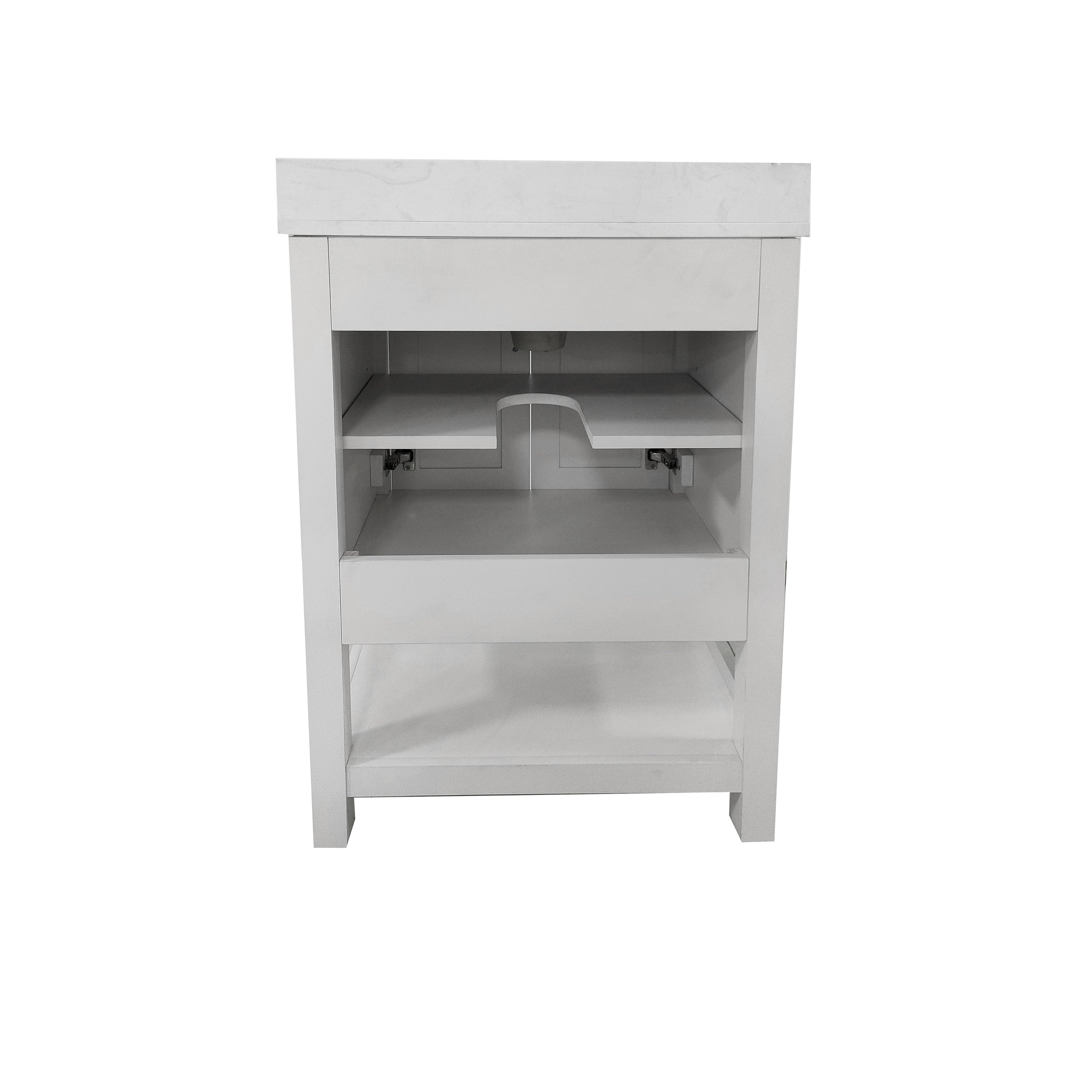 Vega 24" Bathroom Vanity with Sink, Storage Cabinet with Soft Close Doors & Open Shelf, Carrara Marble Finish Counter & Gold Hardware, White/White
