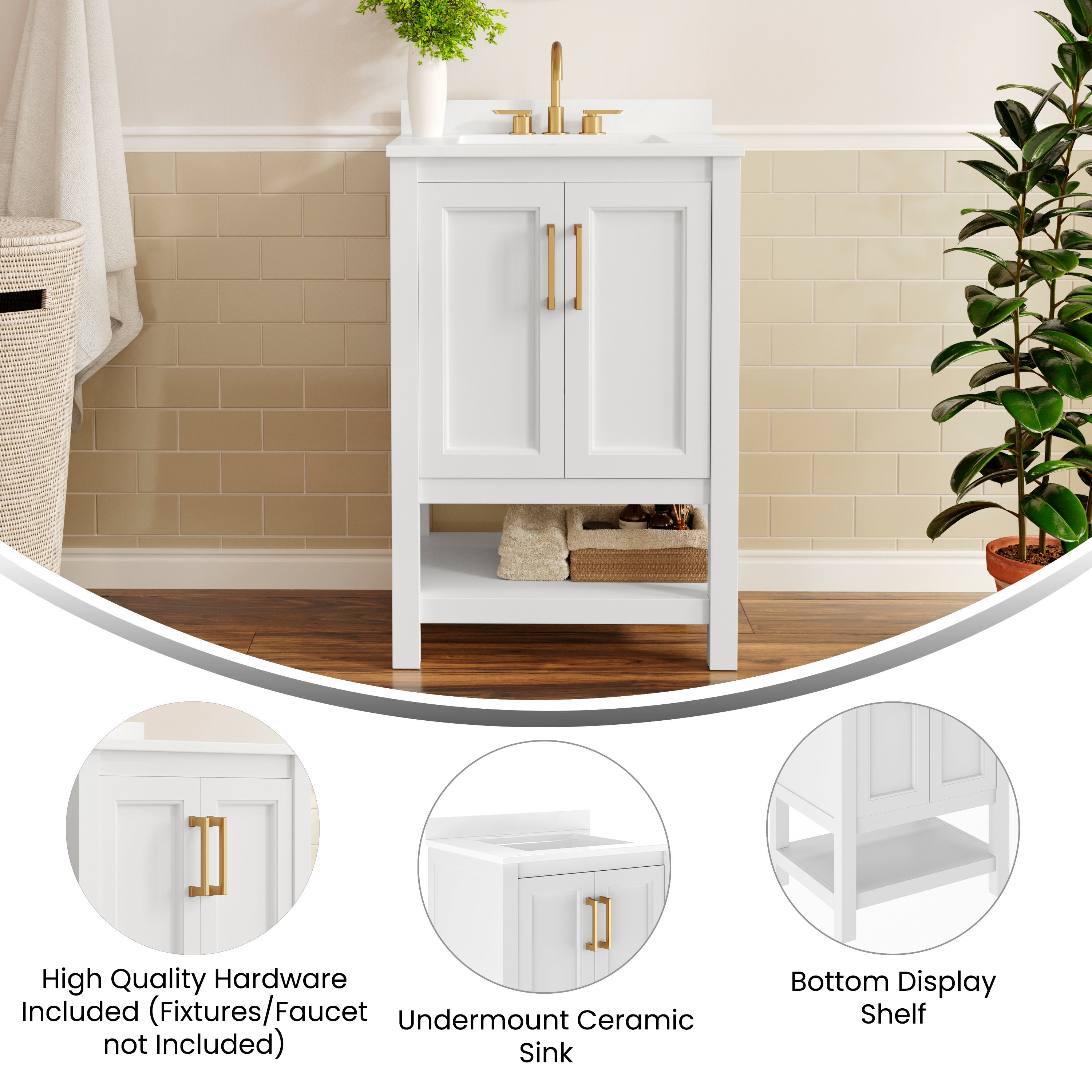 Vega 24" Bathroom Vanity with Sink, Storage Cabinet with Soft Close Doors & Open Shelf, Carrara Marble Finish Counter & Gold Hardware, White/White