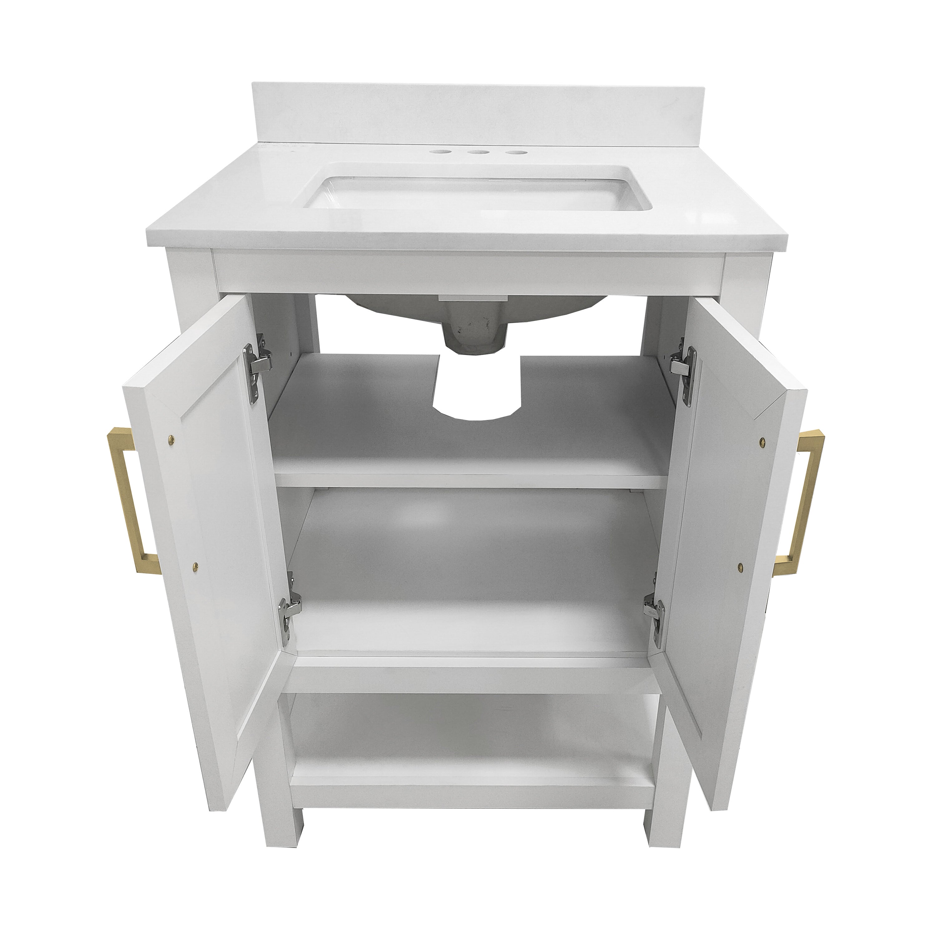 Vega 24" Bathroom Vanity with Sink, Storage Cabinet with Soft Close Doors & Open Shelf, Carrara Marble Finish Counter & Gold Hardware, White/White