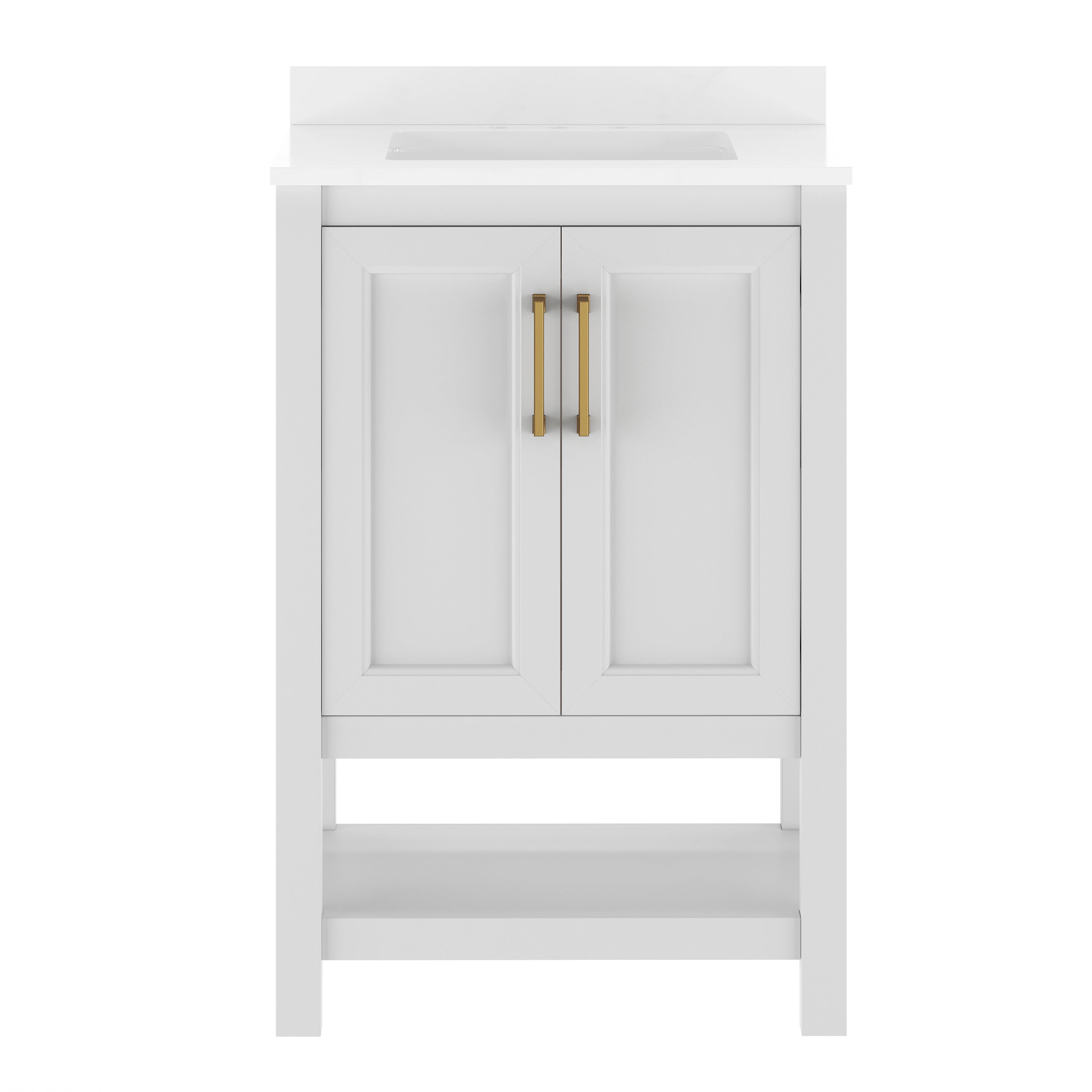 Vega 24" Bathroom Vanity with Sink, Storage Cabinet with Soft Close Doors & Open Shelf, Carrara Marble Finish Counter & Gold Hardware, White/White